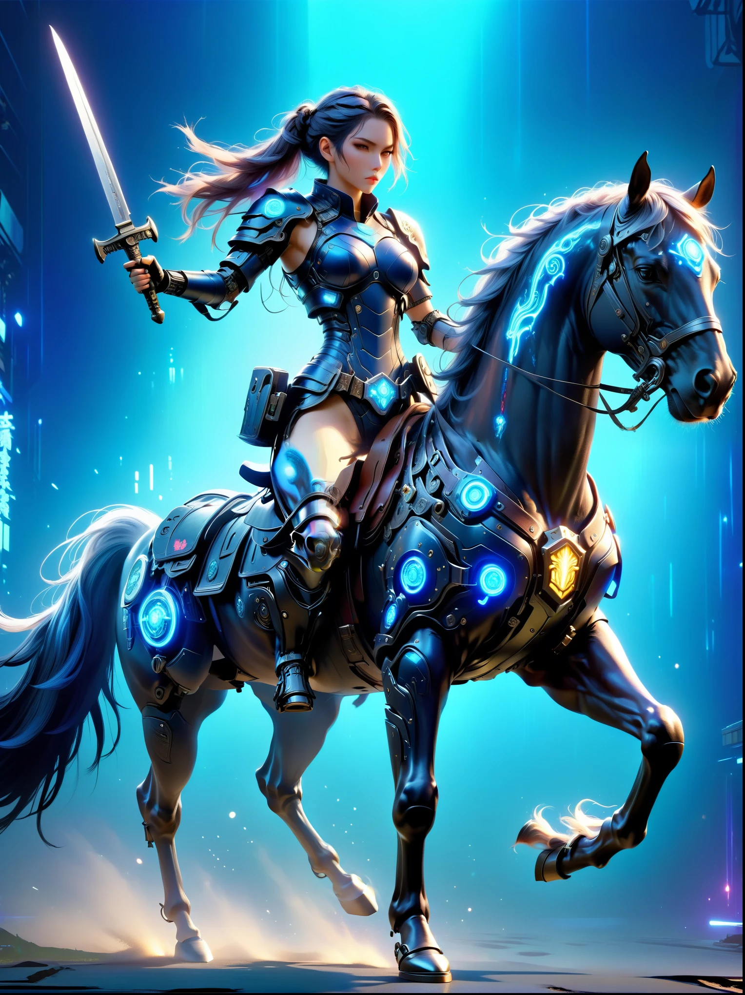 ((imagine))，((whole body))，Beautiful cyberpunk woman wearing dark blue Warring States armor, Riding a ghost horse, Mechanical arm holds a long knife, blue background, cyberpunk style, like style, anime aesthetics, (anatomically correct)