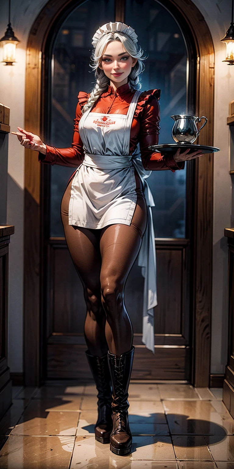 full body standing straight symmetrical, lustful smirking smile face red blush red cheeks, looking at viewer, holding tray, braid, maid headdress, maid, dress, apron, long sleeves, brown pantyhose, long leather military boots, thighs, long white hair, masterpiece