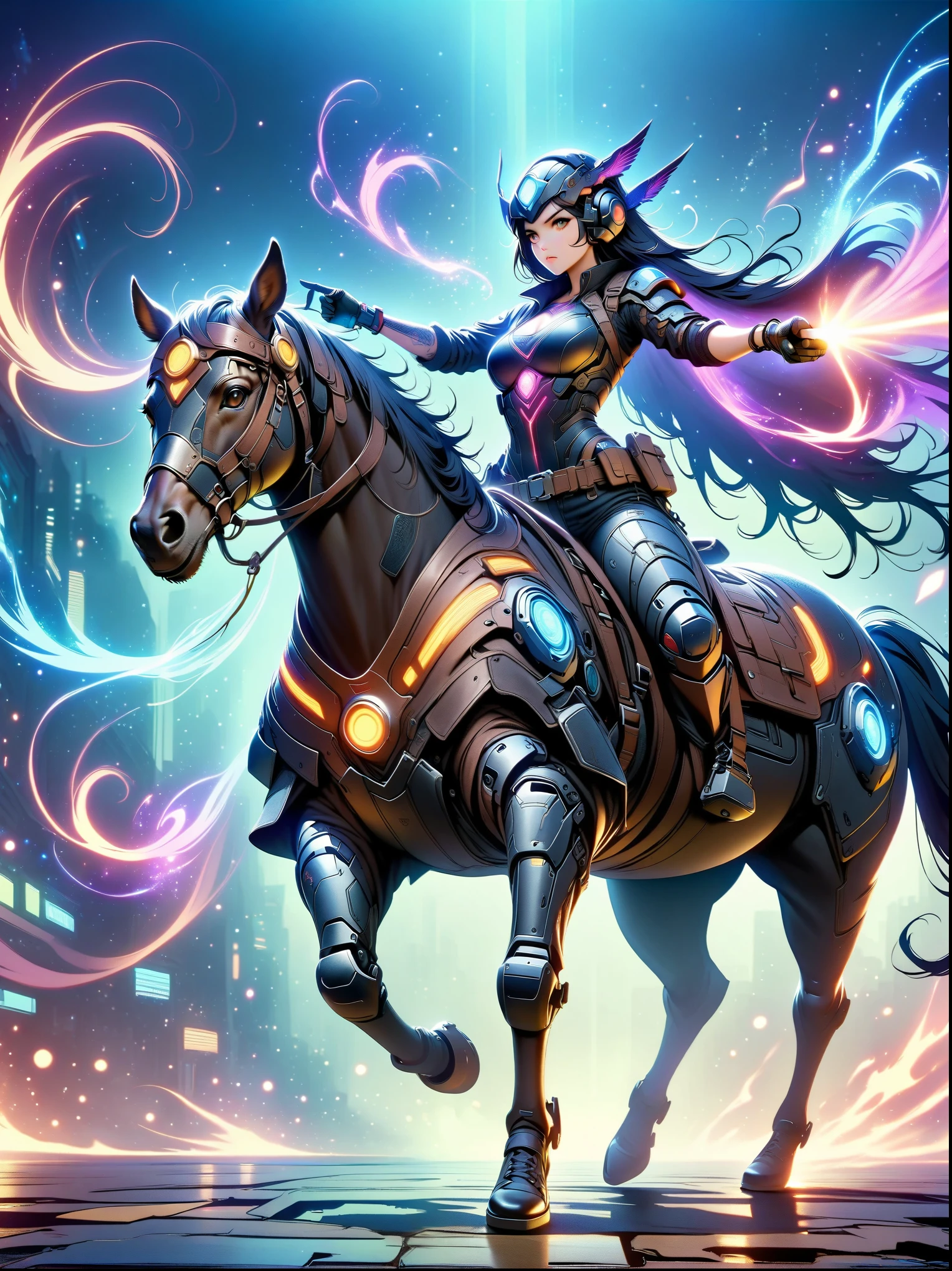 ((imagine))，((whole body))，Beautiful cyberpunk woman wearing dark blue Warring States armor, Riding a ghost horse, Mechanical arm holds a long knife, blue background, cyberpunk style, like style, anime aesthetics, (anatomically correct)