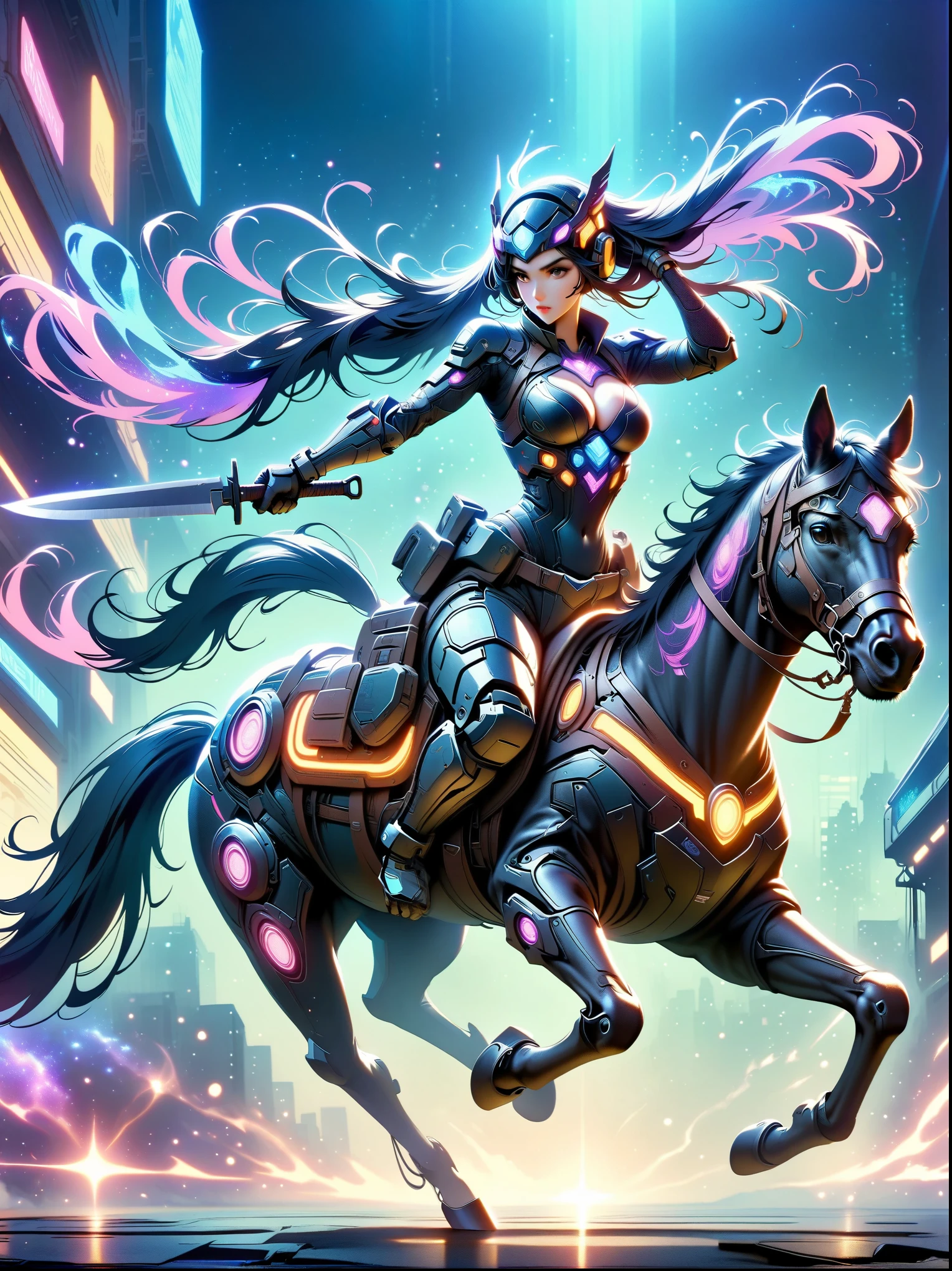 ((imagine))，((whole body))，Beautiful cyberpunk woman wearing dark blue Warring States armor, Riding a ghost horse, Mechanical arm holds a long knife, blue background, cyberpunk style, like style, anime aesthetics, (anatomically correct)