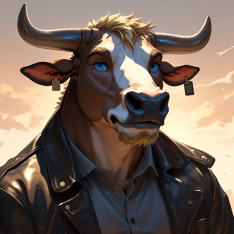 Headshot, handsome male, cow, two pointy horns, gold nose ring, cattle ear tag, heavy muscular build, light brown short messy fringe, ((best quality)), ((masterpiece)), (detailed), perfect face, blonde fur, blue eyes, good eyes, leather jacket, mischievous, semi realistic, warm lighting, sky background 