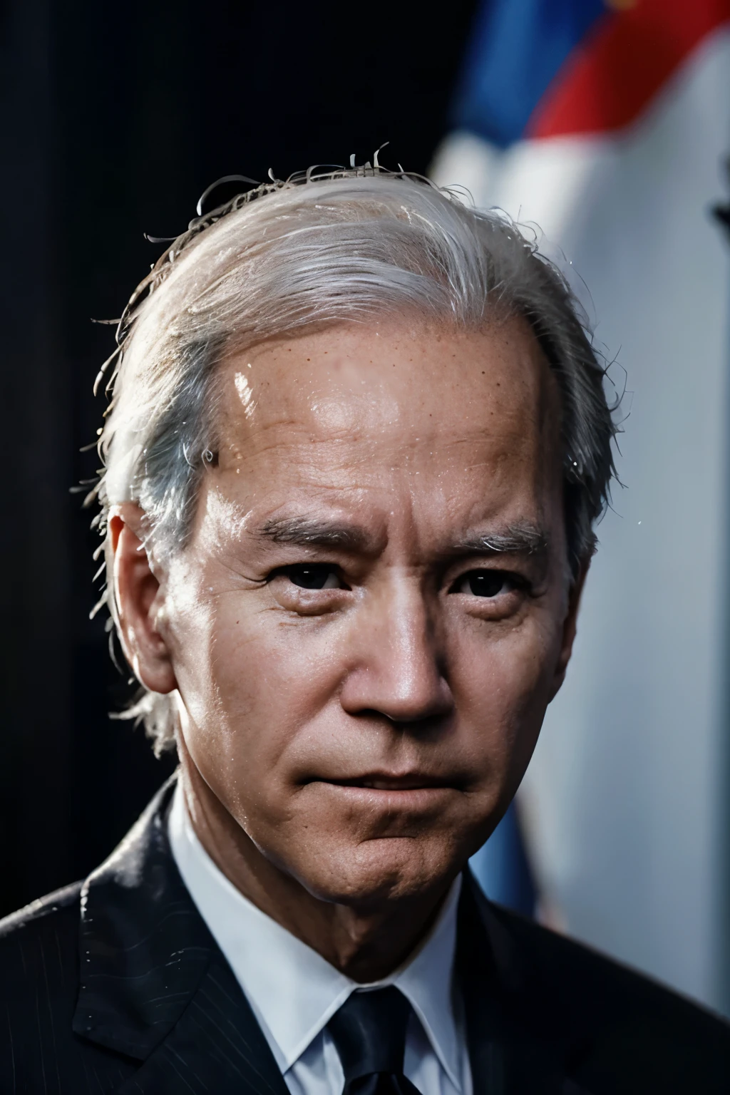Masterpiece 16k,President Joe Biden,black suit, white hair, close up view, background with a China flag fluttering behide him.