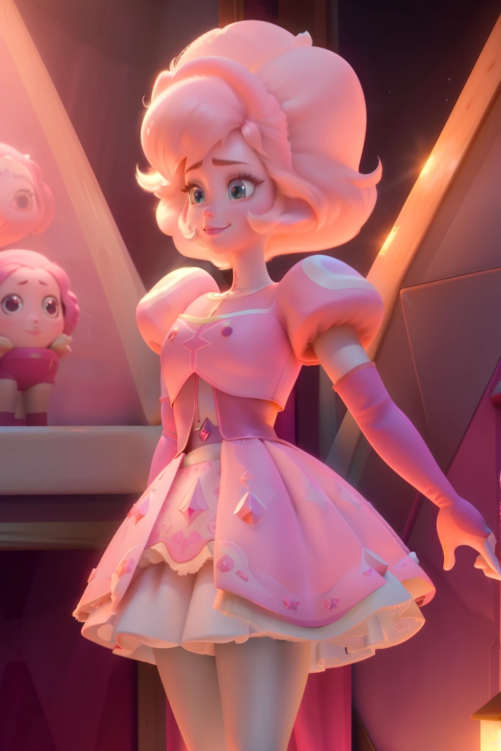 pnkdamond, pink hair, pink eyes,  big hair,  stomach gem,  pink skin,  toned, 
puffy short sleeves, elbow gloves ,  white thighhighs,   puffy dress, 
standing, upper body, 
 outerspace,  
(insanely detailed, beautiful detailed face,beautiful detailed eyes, masterpiece, best quality) cinematic lighting,  smile, 
 