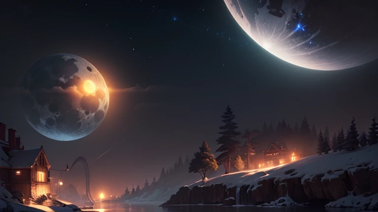 Lake view with house and moon in the sky, Multiple satellites glowing, 4K high-definition digital art, Multiple satellites, 3d rendering beeple, calm night. digital illustration, moon landscape, Dreamy matte painting, Fantastic atmosphere on a moonlit night, realistic fantasy rendering, moon in the background, 8k hd wallpaper digital art