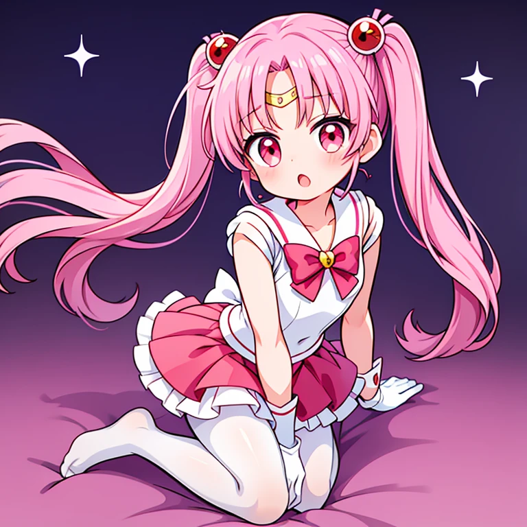 sailor moon,Cute little loli,Pink hair twintails,red eyes,White gloves,red skirt,no shoes,white pantyhose,Open your mouth,Kneel down