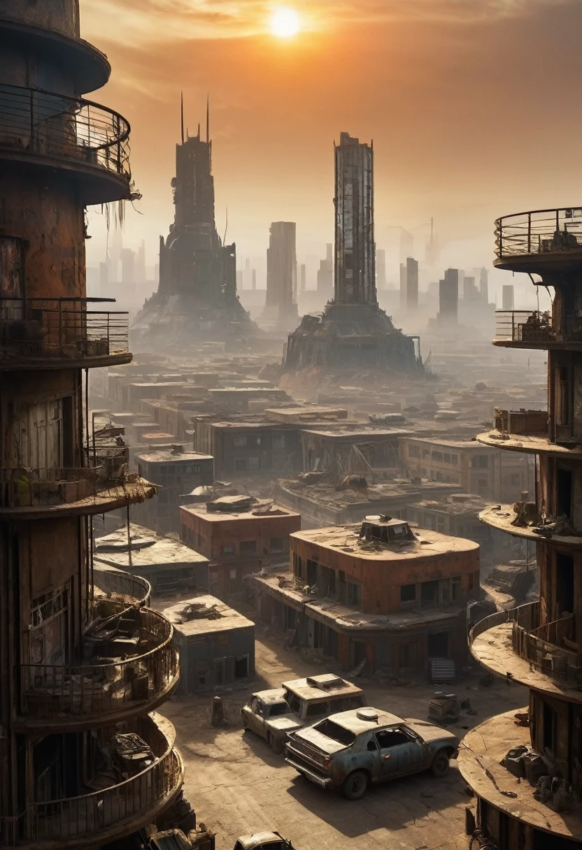 image of the view from inside the balcony of a tall circular tower in the center of a post-apocalyptic North American megalopolis, Vision of the whole city, mist; nuclear sunset, a cidade tem tons de cinza, has smoky structures, carros abandonados nas ruas, apocalipse, vegetation taking over the buildings, estilo madmax, uma garota linda e com roupas estilo madmax andando na rua ao longe, desert megalopolis, as realistic as possible, as detailed as possible