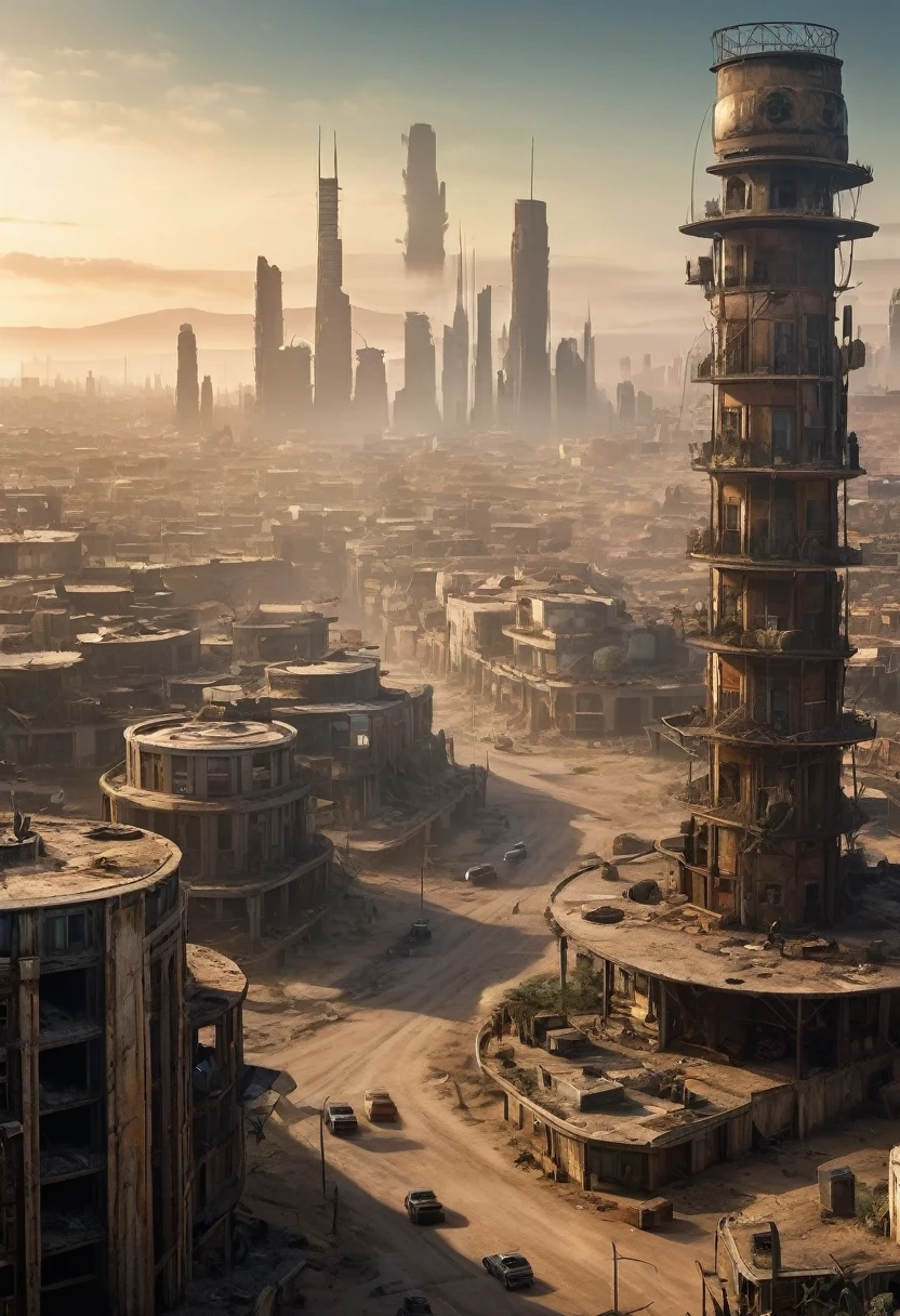image of the view from inside the balcony of a tall circular tower in the center of a post-apocalyptic North American megalopolis, Vision of the whole city, mist; nuclear sunset, a cidade tem tons de cinza, has smoky structures, carros abandonados nas ruas, apocalipse, vegetation taking over the buildings, estilo madmax, uma garota linda e com roupas estilo madmax andando na rua ao longe, desert megalopolis, as realistic as possible, as detailed as possible