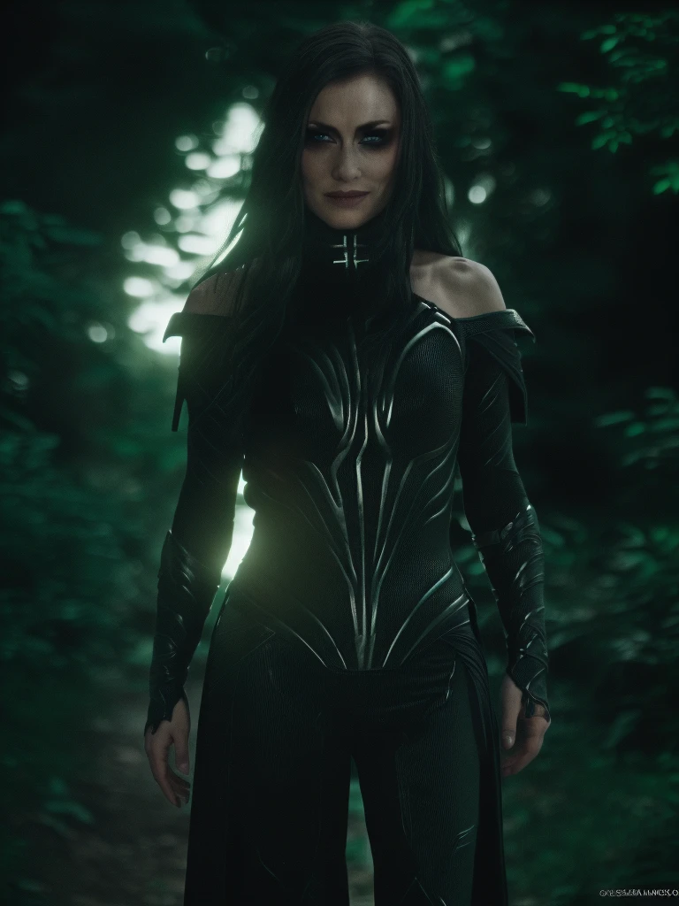 Best_QualityPos, RAW photo, intricate details, best quality, 8k uhd, soft lighting, 1girl, solo, black hair, long hair, armor, bare shoulders, Blue eyes, forest 