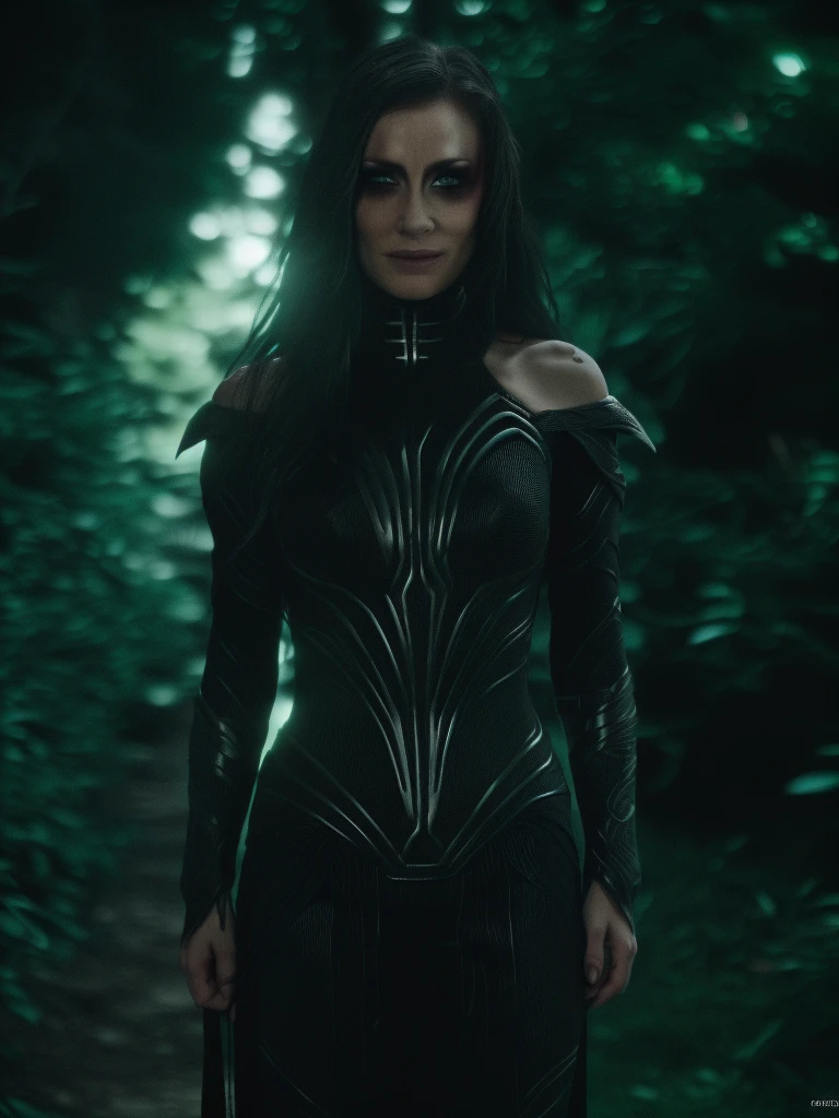 Best_QualityPos, RAW photo, intricate details, best quality, 8k uhd, soft lighting, 1girl, solo, black hair, long hair, armor, bare shoulders, Blue eyes, forest