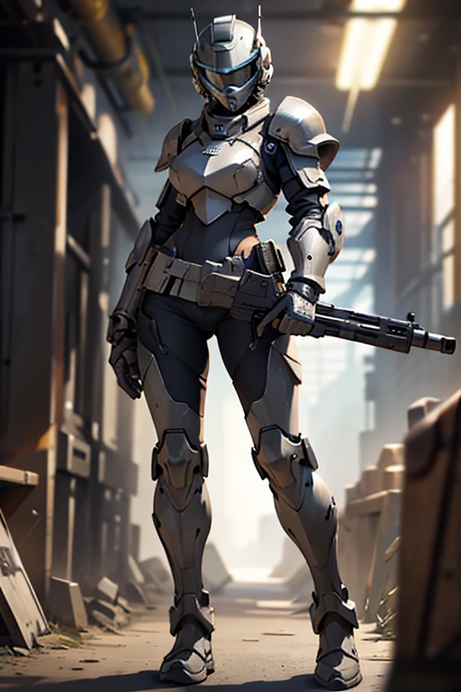 1girl, solo, holding, full body, weapon, holding weapon, armor, blurry, gun, blurry background, helmet, holding gun, rifle, science fiction, power armor