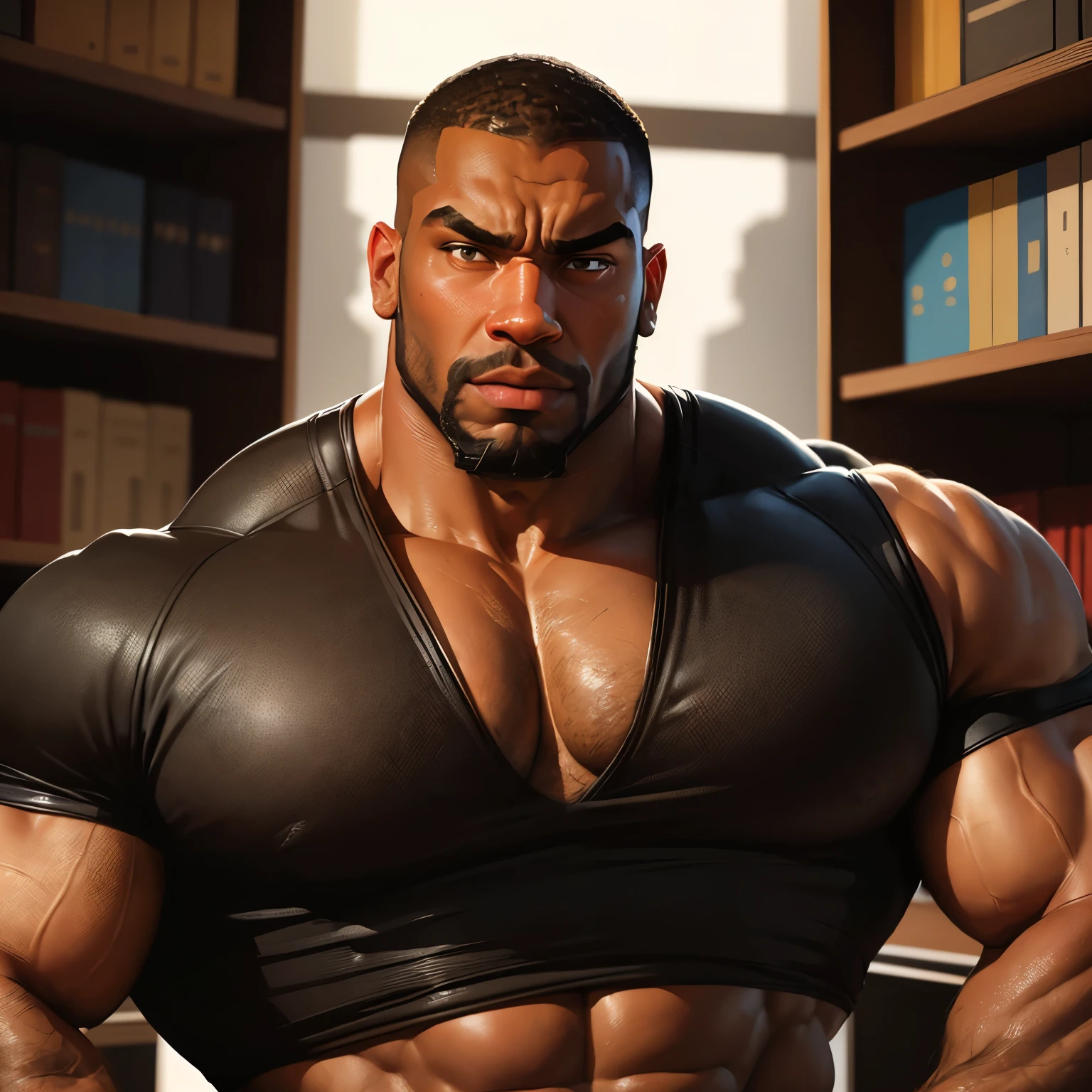 an exaggeratedly muscular and large bodyguard, beefy build, beard, dark-skinned african american male, surprised expression, buzzcut hair with square line, (wearing black workout clothes 1.2), (bara pecs: 1.3), (arm and chest hair: 1.1), close-up portrait HD, (library shelves)