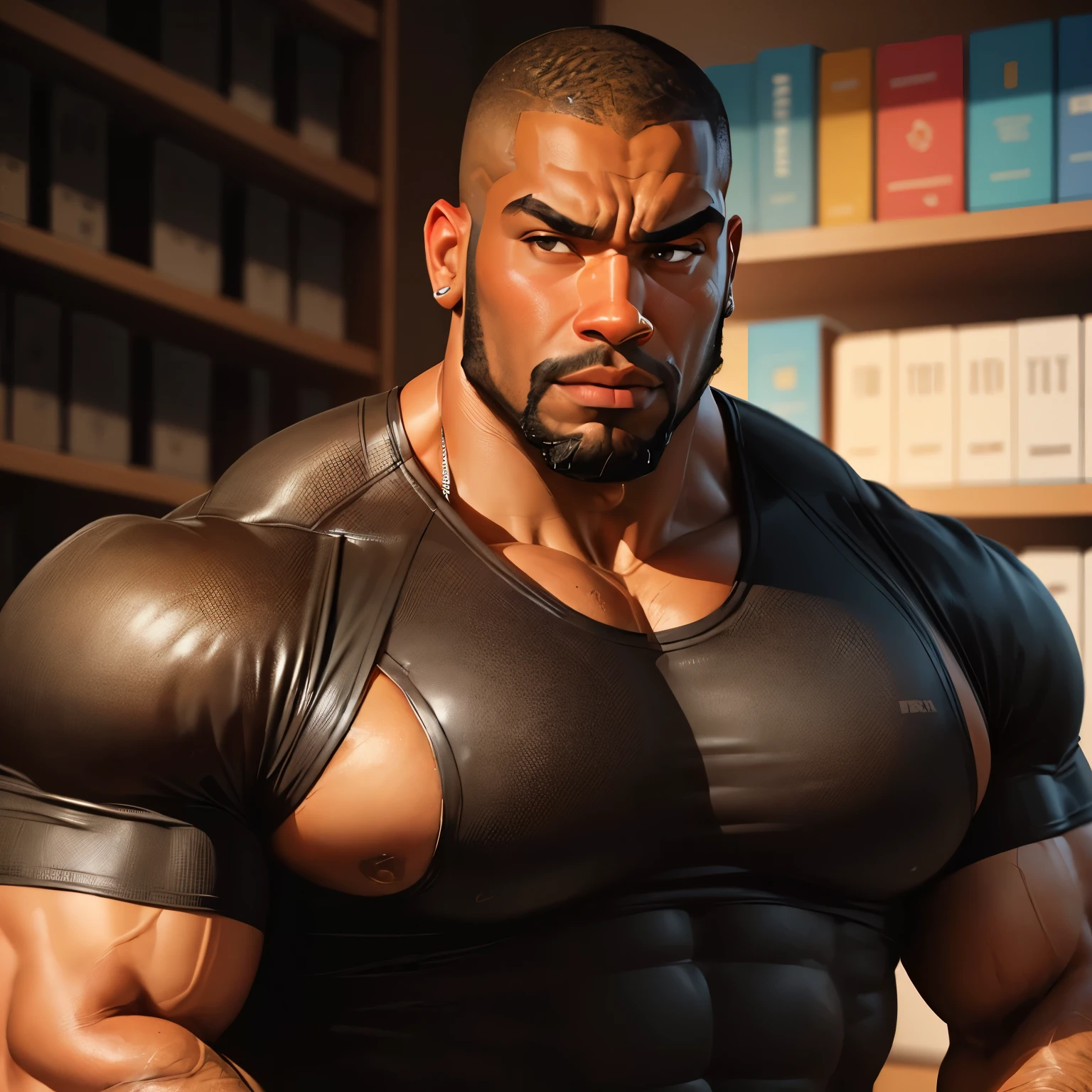 an exaggeratedly muscular and large bodyguard, beefy build, beard, dark-skinned african american male, surprised expression, buzzcut hair with square line, (wearing black workout clothes 1.2), (bara pecs: 1.3), (arm and chest hair: 1.1), close-up portrait HD, (library shelves)