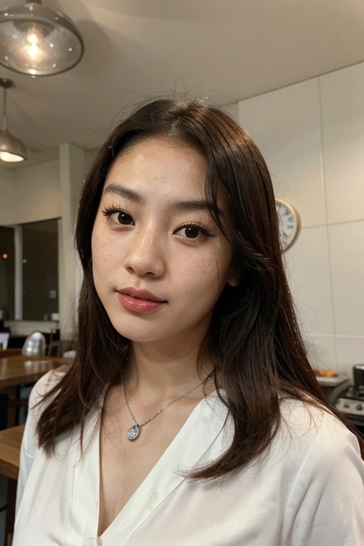 arafed asian woman with freckles and red lipstick looking at the camera, detailed face of an asian girl, southeast asian with round face, korean face features, asian face, korean symmetrical face, freckled face, sparse freckles, woman with freckles, marks on her face, Asian features, light freckles, young adorable Korean face, in a coffee shop in white blouse with a silver necklace