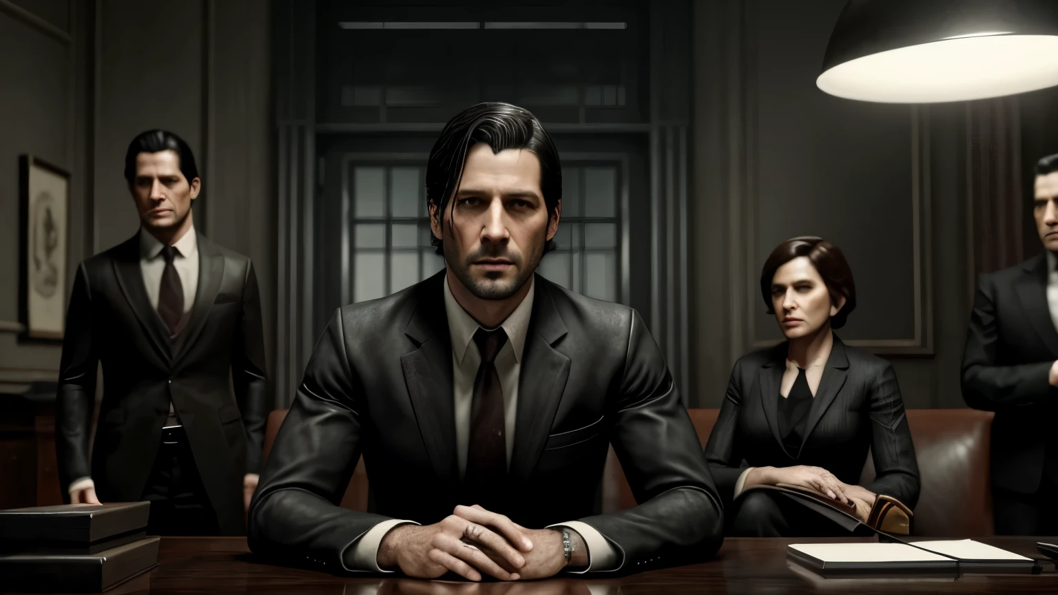 Sebastian Castellanos from the Evil Within, middle-aged, greying hair, stronger jaw, realistic, grittier face, in an agent suit, government portrait, sitting in a desk with other people