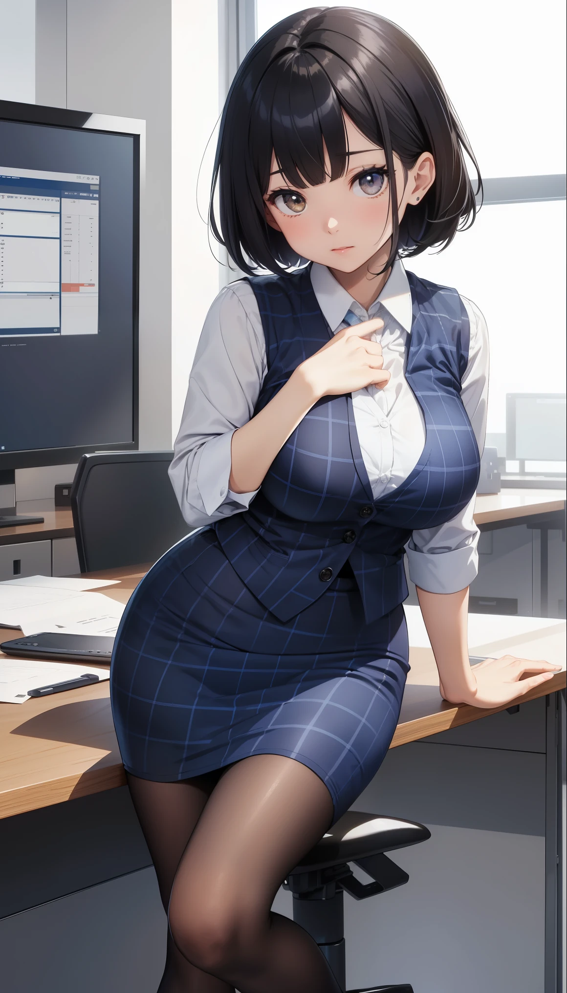 highest quality, debris flies、Beautiful woman、officeレディー、black hair、(brown eyes、big breasts、dull bangs)、short hair、チェック柄のダークブルーのofficeスーツ)、new employee,full body shot、Female OL、break(checkered dark blue vest、white cutter shirt、Navy blue long tight pencil skirt:1.2)、(black tights、high heels)、break(office:1.3)