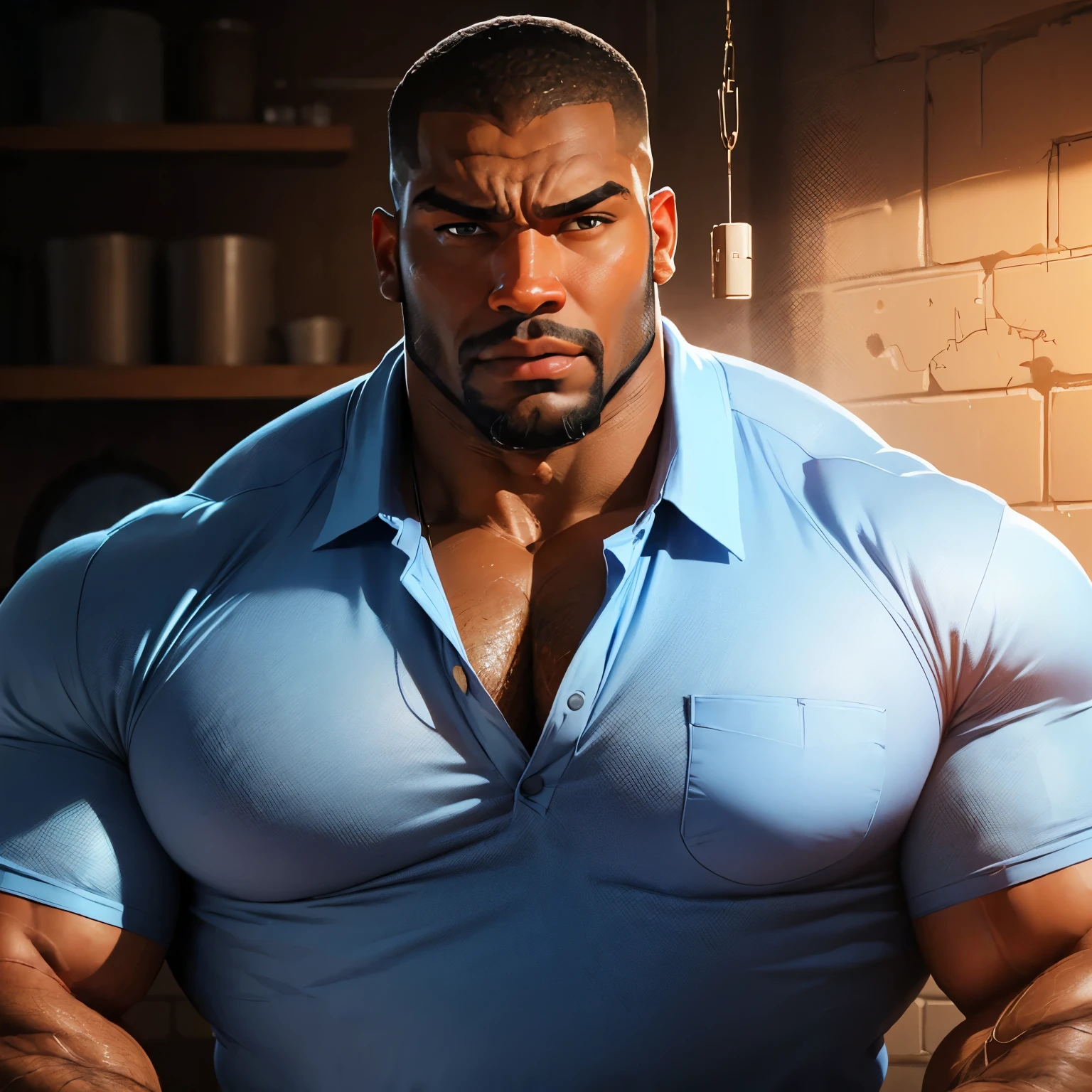 an exaggeratedly muscular and large bodyguard, beefy build, beard, dark-skinned african american male, surprised expression, buzzcut hair with square line, (wearing blue work clothes 1.2), (bara pecs: 1.3), (arm and chest hair: 1.1), close-up portrait HD, (undergrounnd swers)