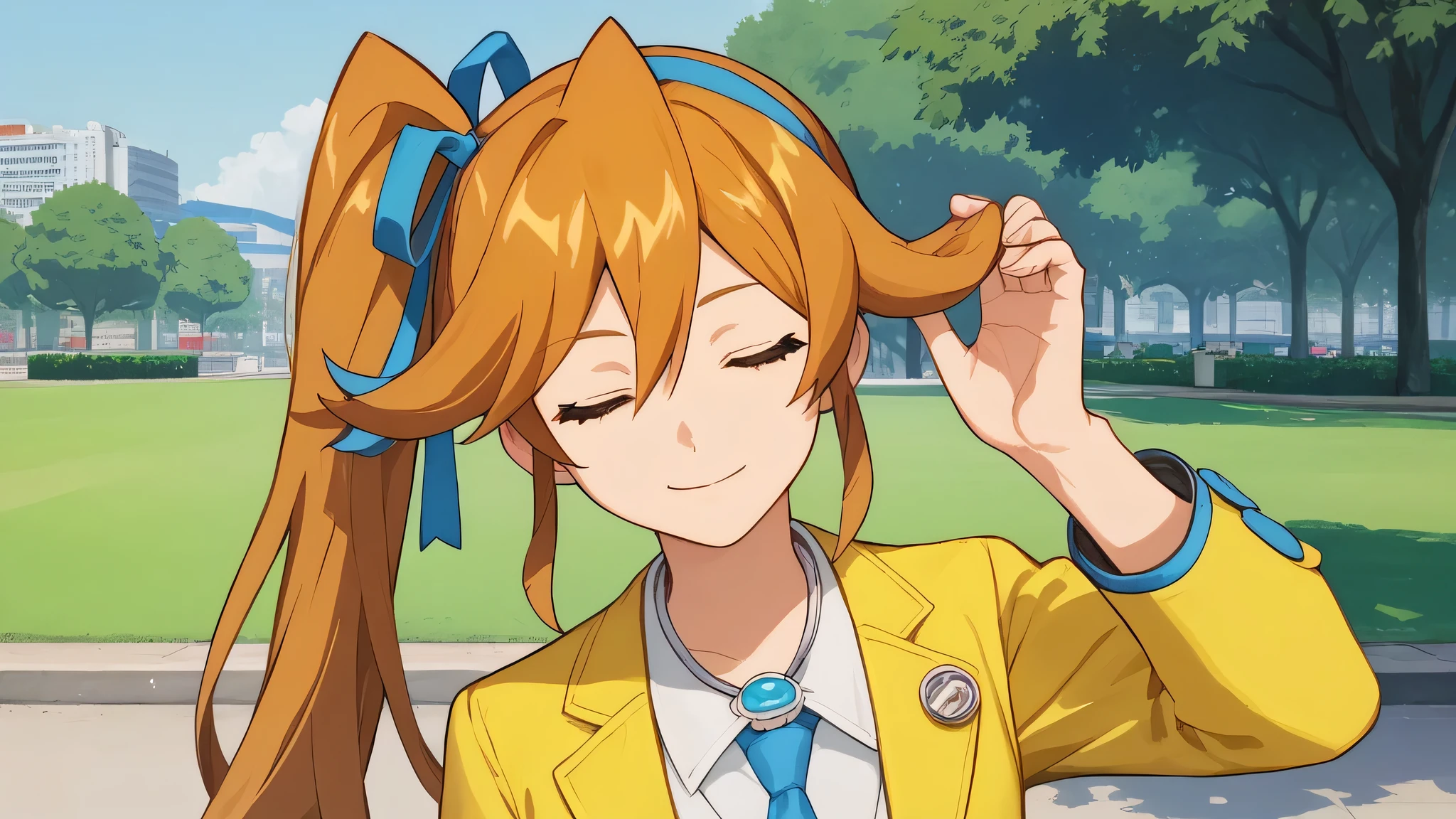 score_9, score_8, score_7, source_anime,
anime, official art,
rating_general,
aacykes, hair ribbon, side ponytail,
necktie, yellow jacket, yellow skirt,
1girl, head tilt, solo, palms together, closed eyes, light smile, blissful, park