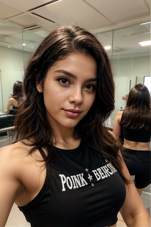 An attractive beautiful Instagram model with professionally done eyebrows. Curly messy black hair. Lucious lips. Wearing a pink Nike jumpsuit with white Nike shoes