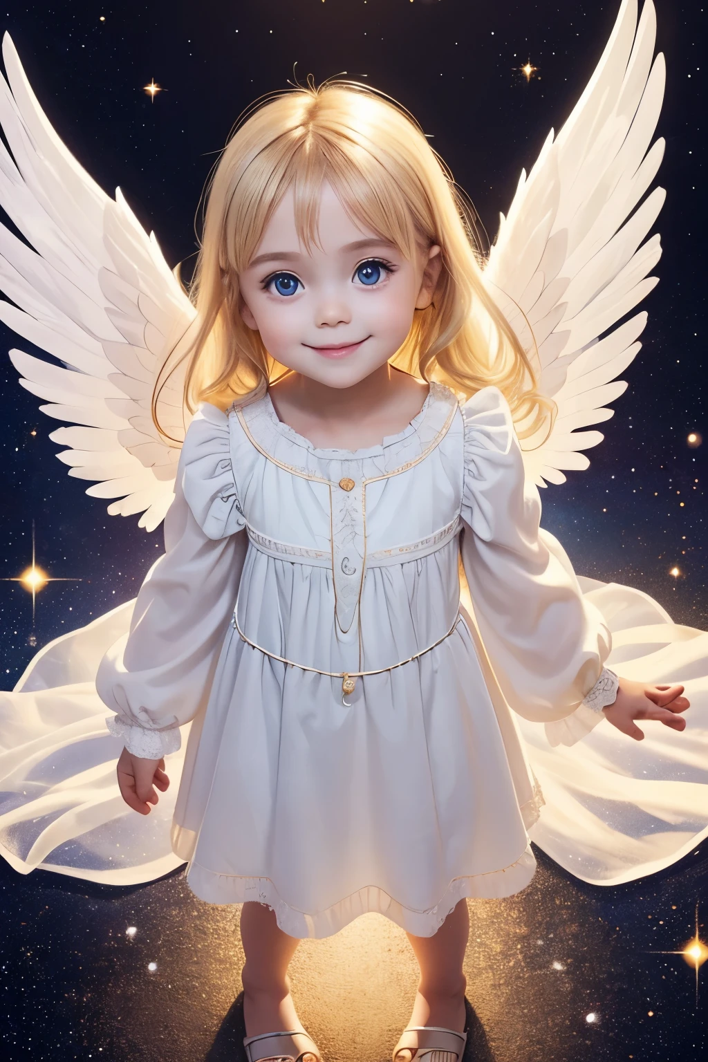 little toddler angel, smile, big eyes, blonde, Neat and loose dress with sleeves, full body, The body is facing straight ahead towards the camera., looking at viewer, from above:1.2, A dazzling light from behind, Angel wings on the back, god々A brightly shining space background, Prayer-like pose, Super realistic