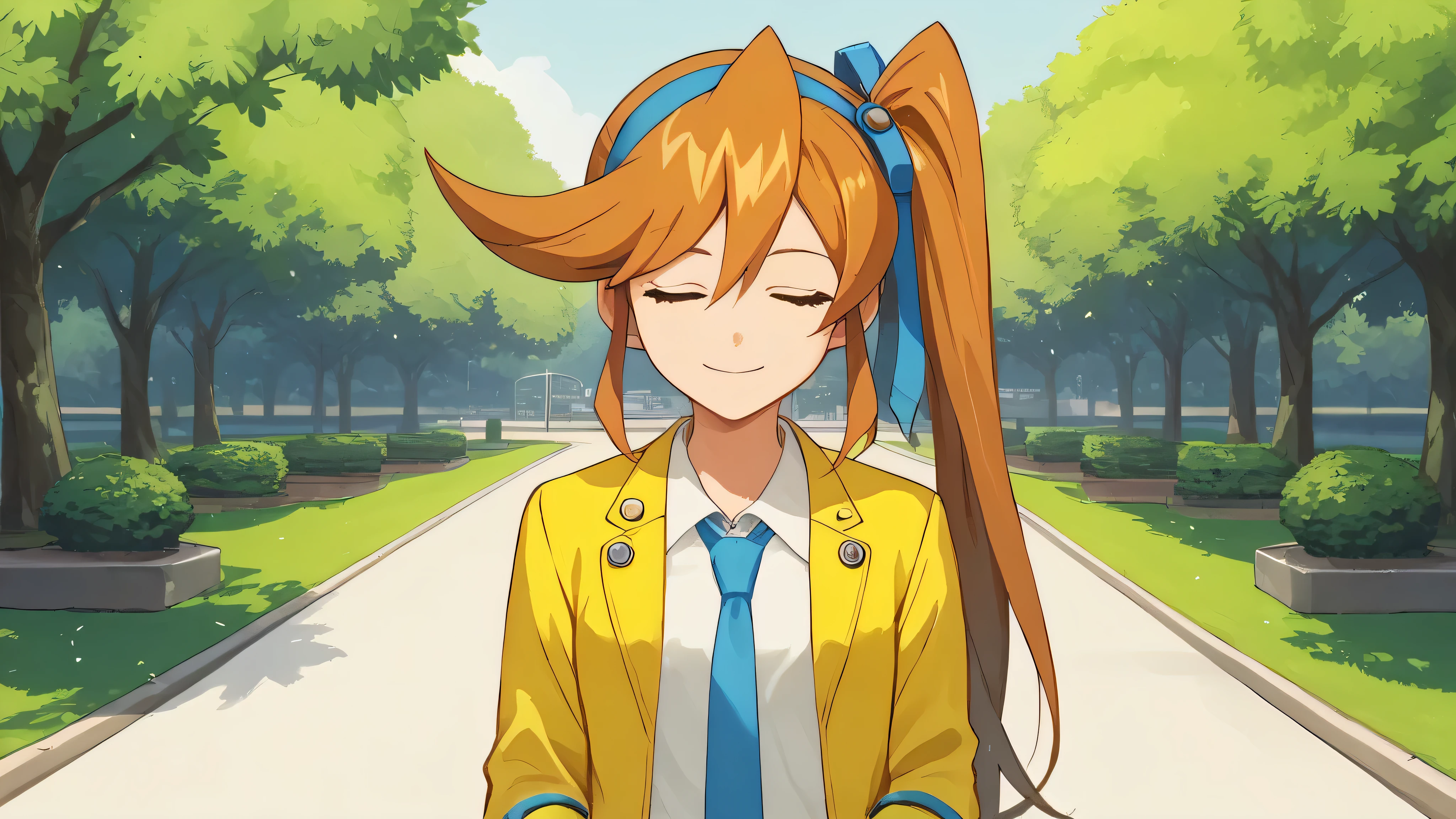 score_9, score_8, score_7, source_anime,
anime, official art,
rating_general,
aacykes, hair ribbon, side ponytail,
necktie, yellow jacket, yellow skirt,
1girl, head tilt, solo, palms together, closed eyes, light smile, blissful, park