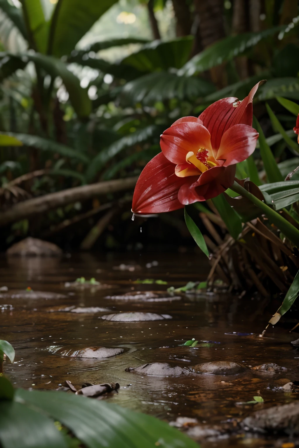 crea una fotografia de una orquidea roja bajo la lluvia en calidad 4k fullhd en un fondo de una jungla 