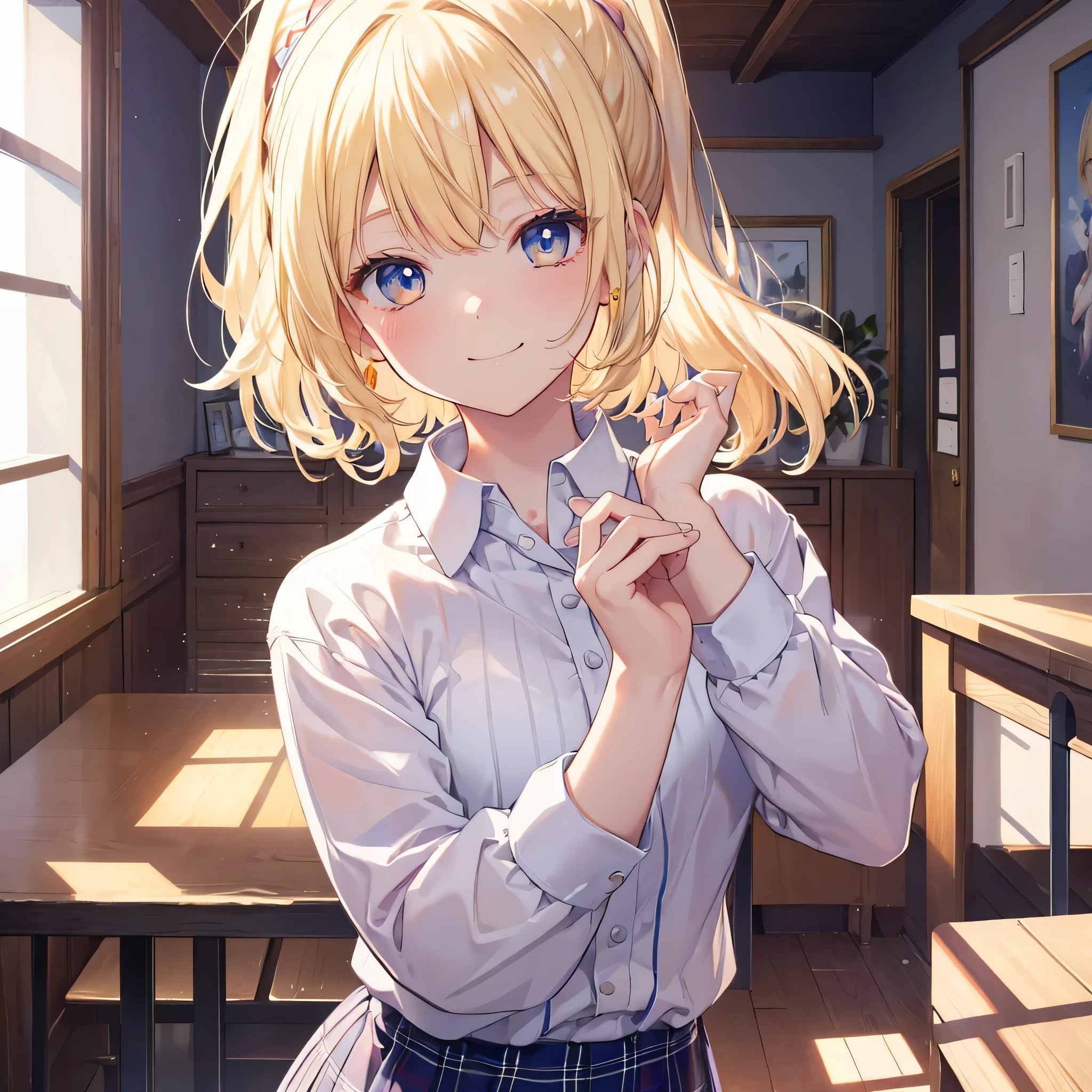 alice margatroid,masterpiece, top quality, High resolution, young girl, blonde hair, , white collar shirt, plaid sweater, ponytail, smiling face, Natural light, Cheerful expression, character-centered, number, Kindergarten atmosphere.