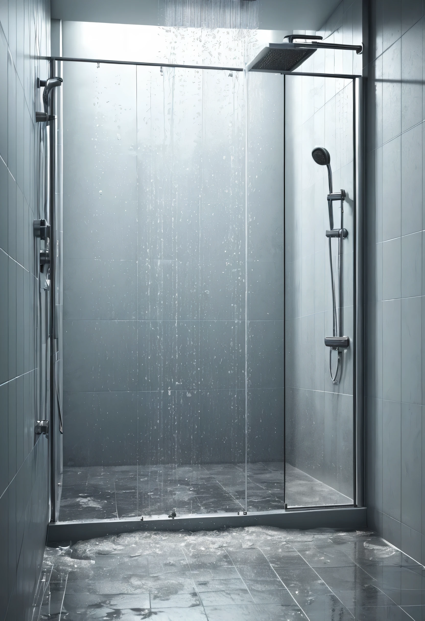 Bathroom shower partition leaking,There is a lot of water on the ground。Still distance picture,Shot with Sony camera,Ultra-realistic graphics。