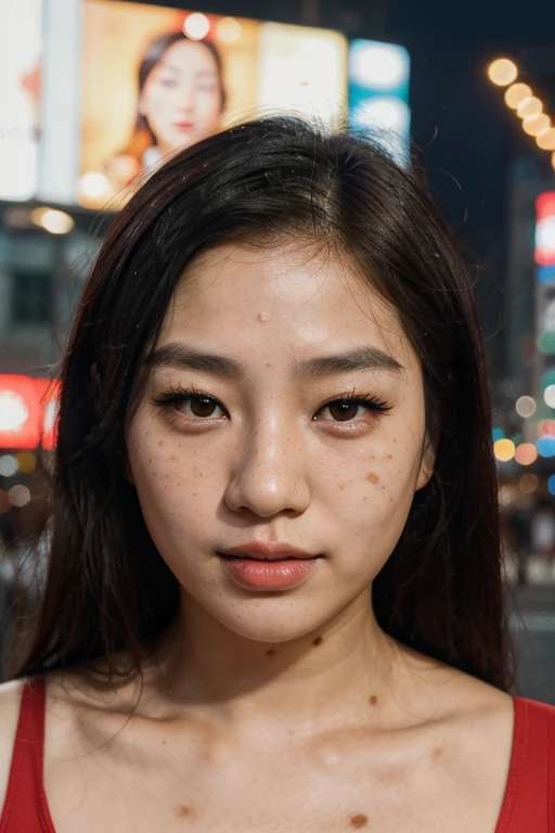 arafed asian woman with freckles and red lipstick looking at the camera, detailed face of an asian girl, southeast asian with round face, korean face features, asian face, korean symmetrical face, freckled face, sparse freckles, woman with freckles, marks on her face, asian features, light freckles, young adorable korean face, in times square at night