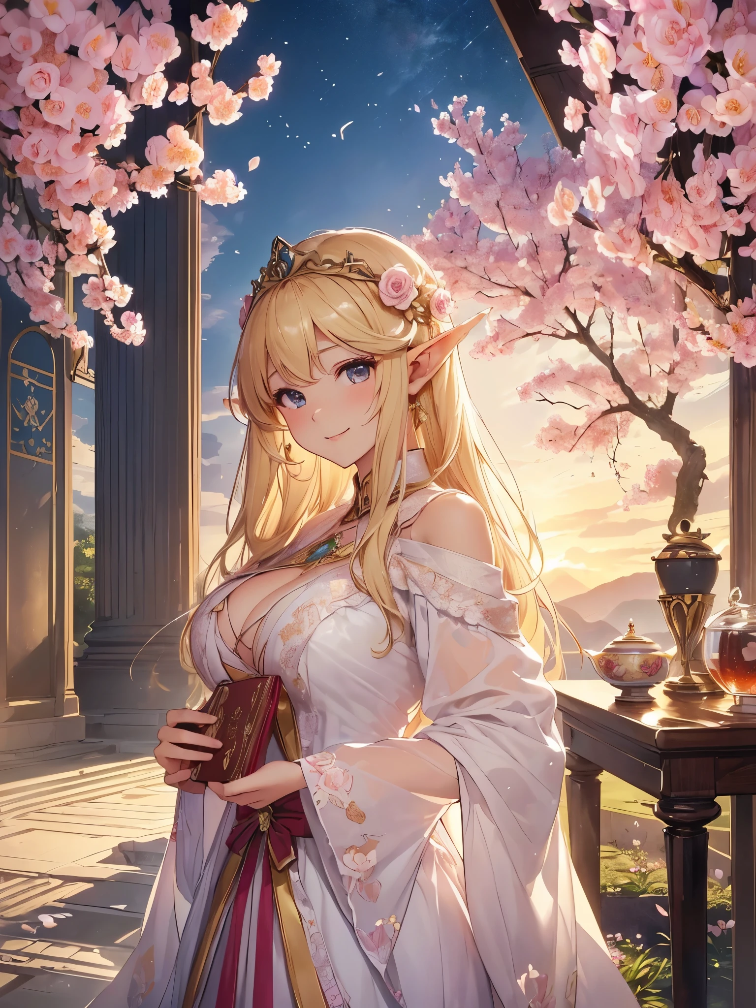 highest quality、Highest image quality、masterpiece、beautiful profile、、Titania、Super beautiful elf beauty((22 years old OL big bust、bust 90,beautiful long ironed hair、blonde、Height: 165cm。slender、sexy、Esbian、beautiful tiara、night、High quality、美しいart、美しいflower瓶、tea、byzantineart、beautiful decorated book、canopy、Canopy、background)muste piece、ビジュアルart、Depth of the bounds written、、elf ears、、Lightのmagic、beautiful morning sky、A happy smile、穏やかなLight、Elven Forest、cherry blossoms、、elegant、ticker beautiful decorative、marble columnystical rosa、Rose、flower瓶magicのflower、flowerを作るmagic、Light、 the sky、beautiful dressy、beautiful dress、table、、myth、ART、Lord of the Ring、sexy、friendly smile、Fantastic、cherry blossoms、舞い散るflowerびら、cherry blossomsのflower、magic、magicのLight、fantasy、flower、super REALITYたくさんのRose、magic、、Grow fantasy、、mysteryのLight、byzantine、Art nouveau、alphonse Mucha、、art、art,mystery,UHD,magicalgentle light,sexy、