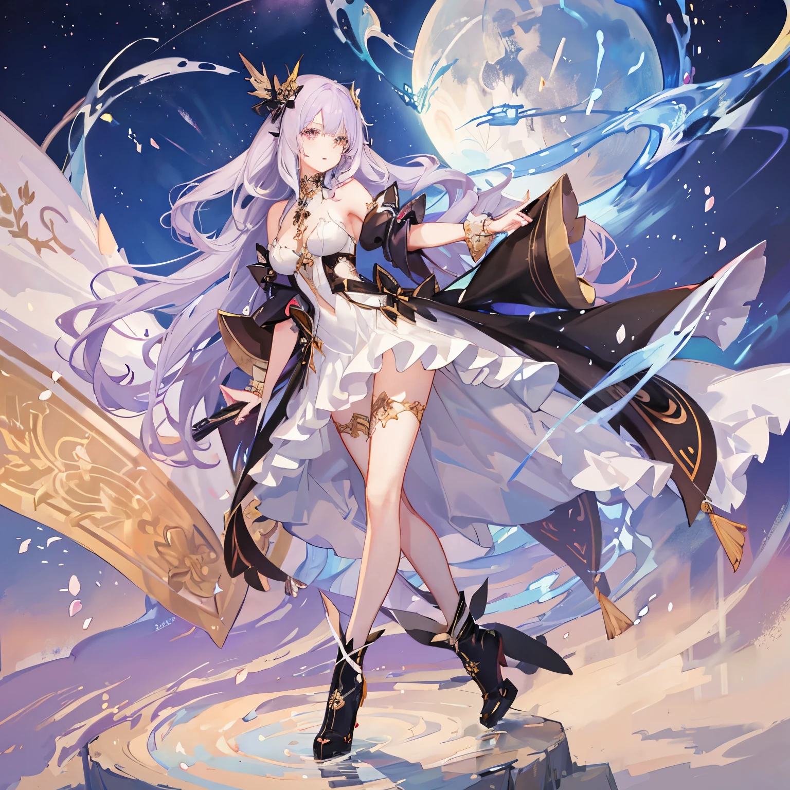 Beautiful 2d anime girl with long wavy hair and fine fox eyes both lilac with white complexion and a cute hourglass figure dressed elegantly in gold ornaments and black dress and long heeled boots