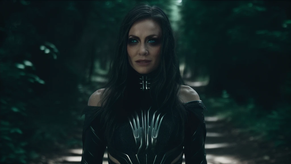 Best_QualityPos, RAW photo, intricate details, best quality, 8k uhd, soft lighting, 1girl, solo, black hair, long hair, armor, bare shoulders, Blue eyes, forest