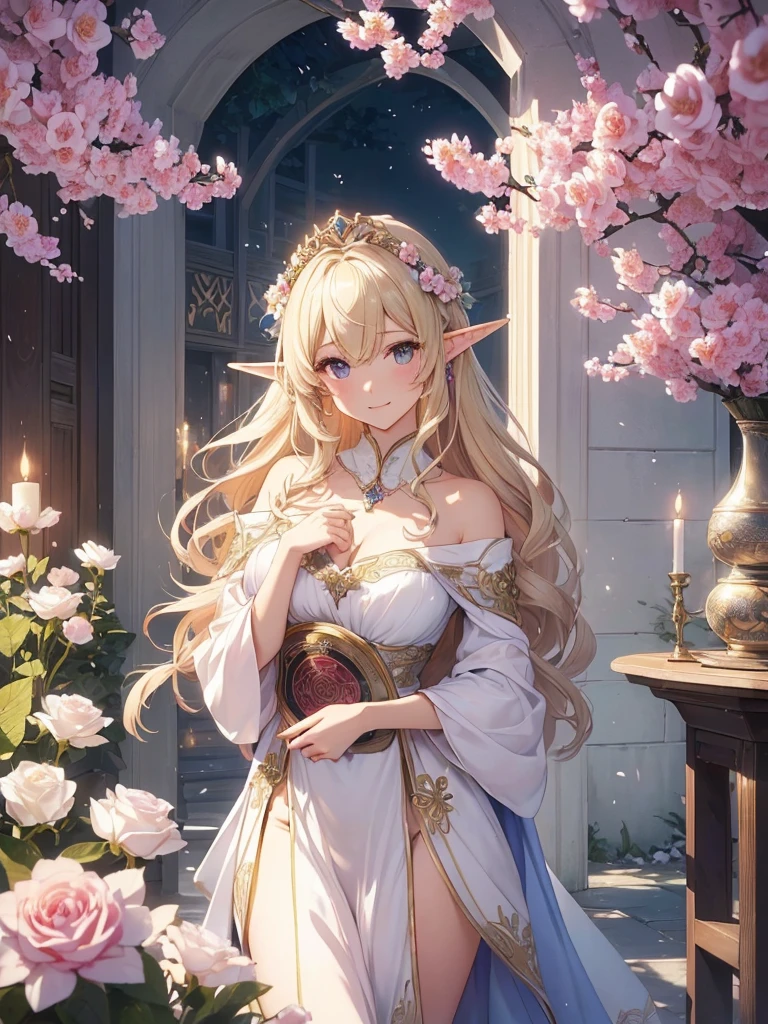 highest quality、Highest image quality、masterpiece、beautiful profile、、Titania、Super beautiful elf beauty((22 years old OL big bust、bust 90,beautiful long ironed hair、blonde、Height: 165cm。slender、sexy、Esbian、beautiful tiara、night、High quality、美しいart、美しいflower瓶、tea、byzantineart、beautiful decorated book、canopy、Canopy、background)muste piece、ビジュアルart、Depth of the bounds written、、elf ears、、Lightのmagic、beautiful morning sky、A happy smile、穏やかなLight、Elven Forest、cherry blossoms、、elegant、ticker beautiful decorative、marble columnystical　rosa、Rose、flower瓶magicのflower、flowerを作るmagic、Light、　the sky、beautiful dressy、beautiful dress、table、、myth、ART、Lord of the Ring、sexy、friendly smile、Fantastic、cherry blossoms、舞い散るflowerびら、cherry blossomsのflower、magic、magicのLight、fantasy、flower、super REALITYたくさんのRose、magic、、Grow fantasy、、mysteryのLight、byzantine、Art nouveau、alphonse　Mucha、、art、art,mystery,UHD,magicalgentle light,sexy、