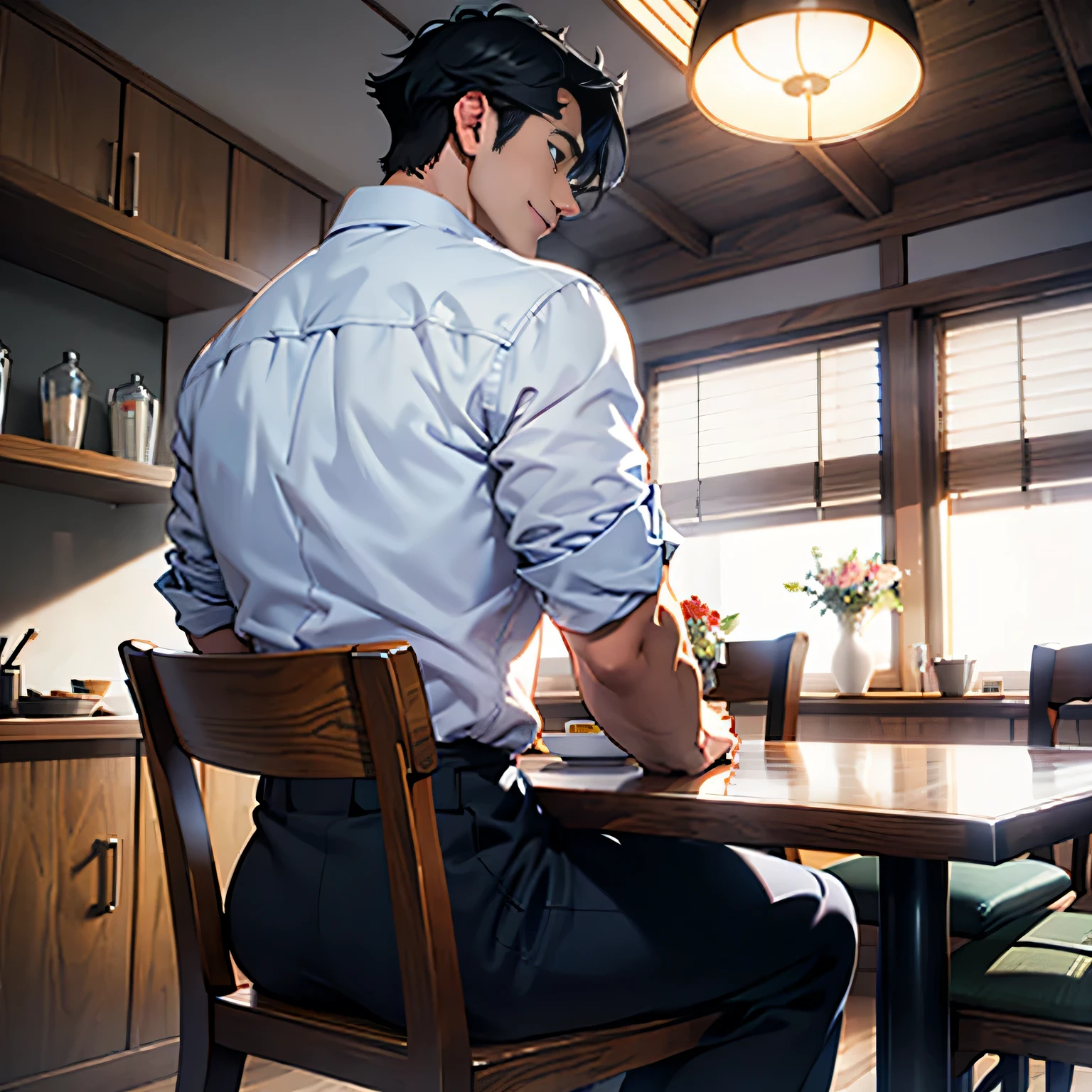 (from behind, back focus),((1man,japanese,30s,cool guy,very short black hair,blue eyes)),solo,(white shirt,dark blue shorts),(sitting in the cafe chair),windy,cinematic lighting, innocent smile,beautiful modern maid cafe,big city,table,chair,window,flowers,