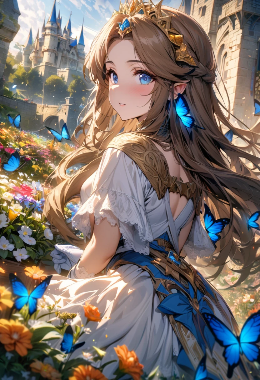 absurdres, highres, ultra detailed, HDR), masterpiece, vibrant blue eyes, 1woman, beautiful, The legend of zelda twilight princess, Princess Zelda, dark brown long hair, wearing a golden tiara with a blue jem, long white gloves, castle, flower garden, butterflies, petals