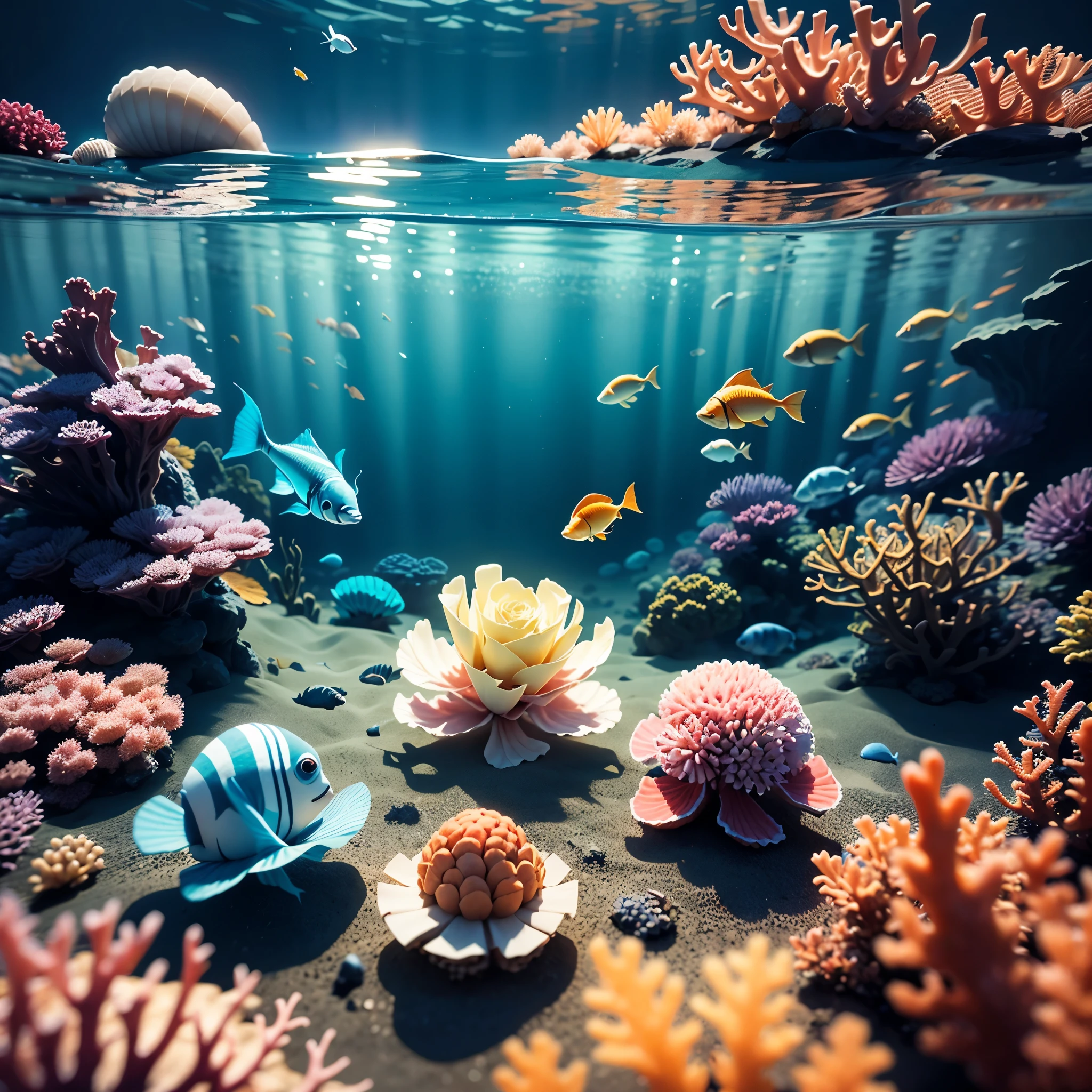 coral reef, fish swimming, plants, shells, undersea, bright vibrant colors, Origami paper folds papercraft, made of paper, stationery, 8K resolution 64 megapixels soft focus