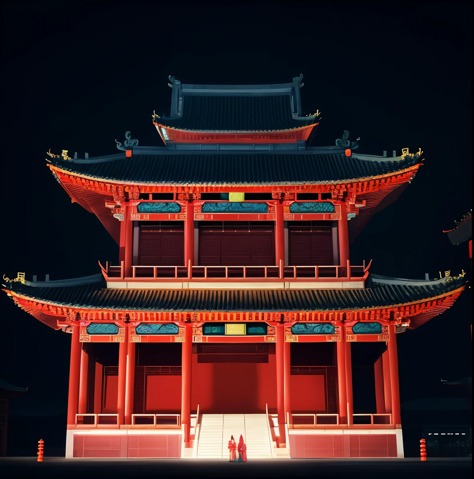 Close-up of a building with a red light, Chinese architecture, Ancient Chinese architecture, digital painting of a pagoda, Chinese style buildings, colorful detailed projections, beeple and mike winkelmann, glowing imperial motifs, Beautiful rendering of the Tang Dynasty, beeple. hyper photorealism, cyberpunk chinese ancient castle, beeple global illumination