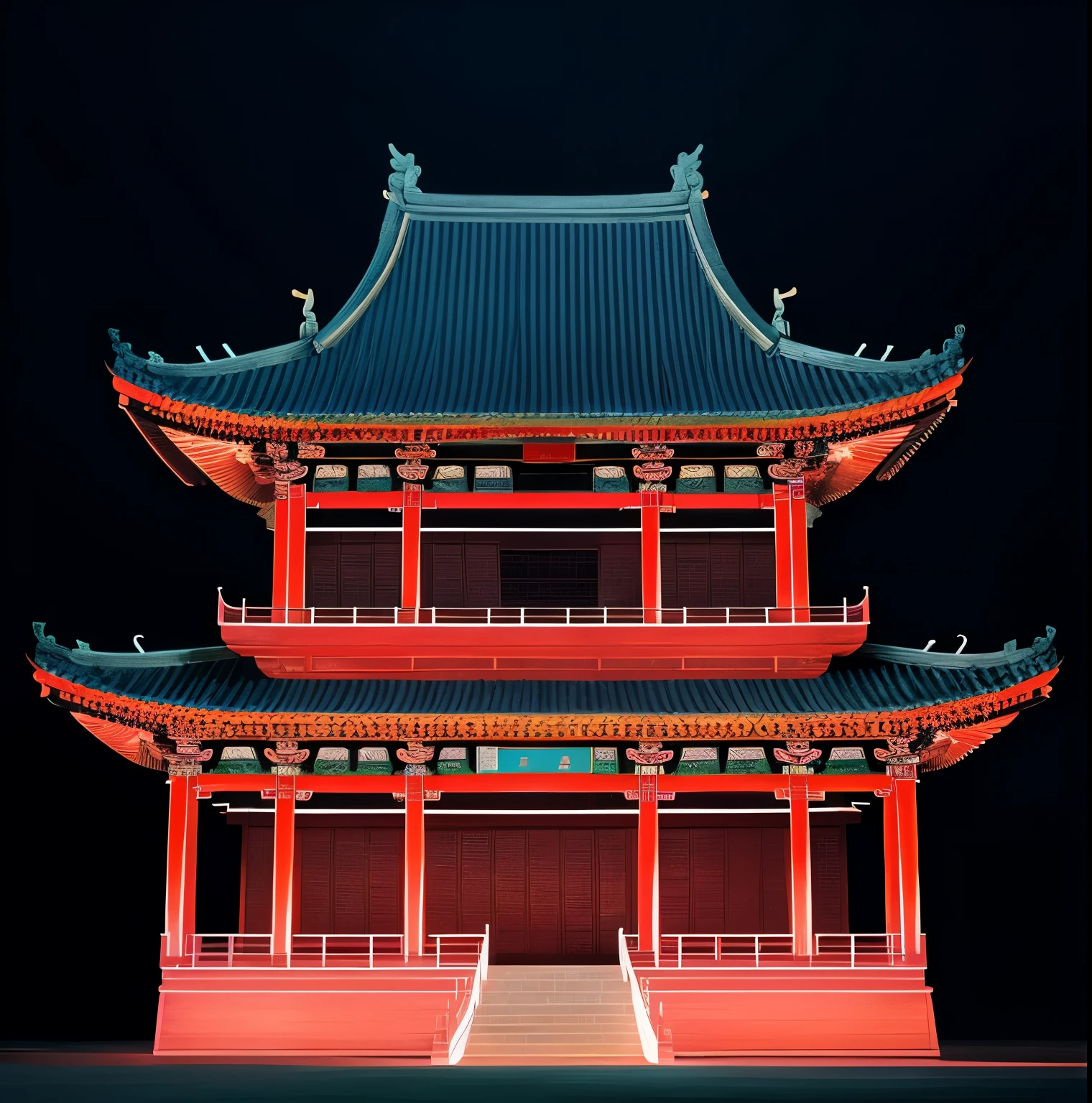 Close-up of a building with a red light, Chinese architecture, Ancient Chinese architecture, digital painting of a pagoda, Chinese style buildings, colorful detailed projections, beeple and mike winkelmann, glowing imperial motifs, Beautiful rendering of the Tang Dynasty, beeple. hyper photorealism, cyberpunk chinese ancient castle, beeple global illumination