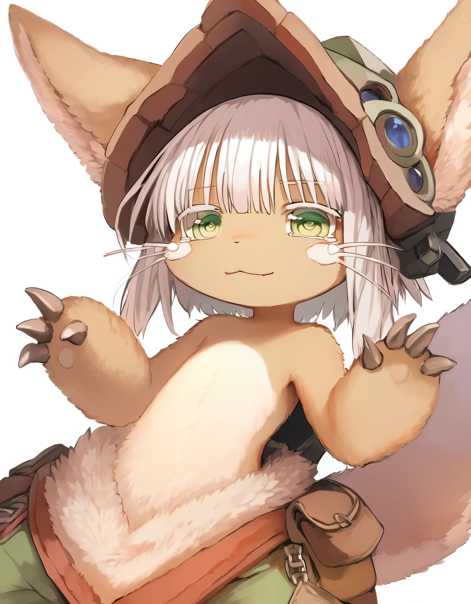 nanachi-helmetless,narehate, nanachi (made in abyss),green eyes,white hair,sidelocks,short hair,furry,tail,animal ears,puffy pants, claws, pointed claws