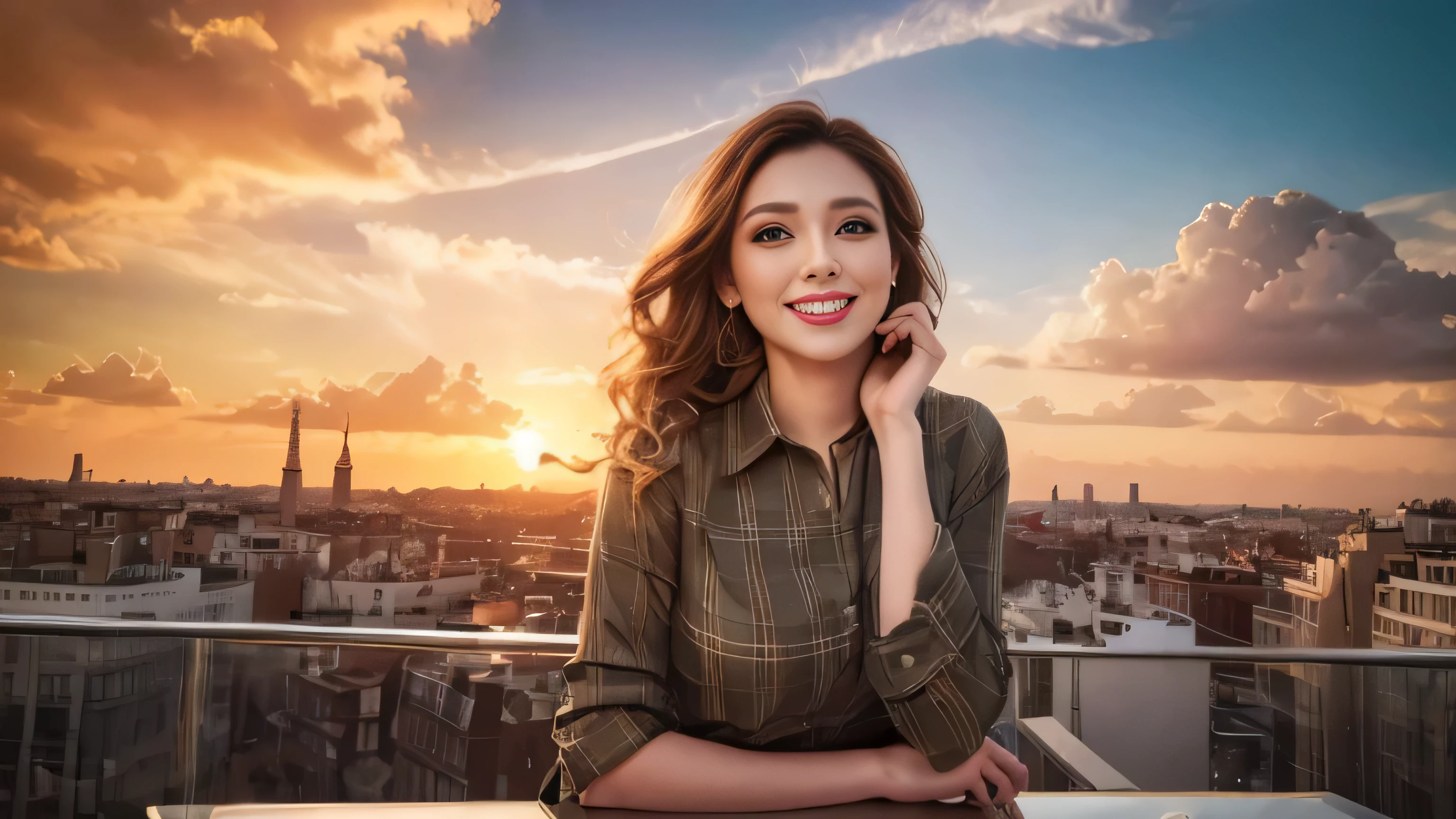 ((highest quality, table top, 超A high resolution、the most complex and detailed depiction))、1 、67-year-old、expensive ,a classy elegant Black Beige Tartan Plaid pattern shirt、cowboy shot、hair swaying in the wind、Recreating the perfect details of Madrid、romantic madrid sunset、beautiful sunset on background、Detailed background of madrid、big ben madrid、Please look at me、Detailed and clear background、big and full breasts、best smile、The happiest smile、beautiful sunset、amazing sunset、perfect makeup、long wavy hair