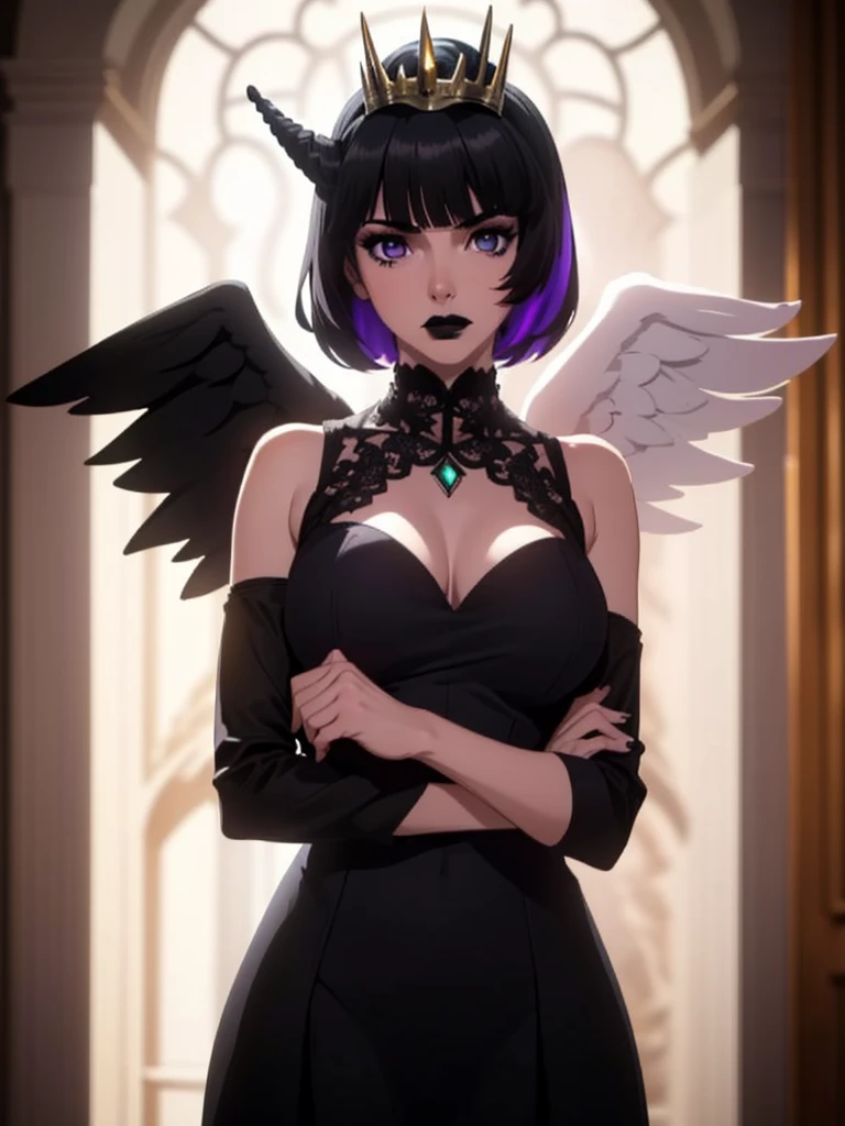 gran calidad ++ Extremely detailed high resolusionolution, very aesthetic, ojos expresivos, (((Cara perfecta))), (((face symmetrical))), ((good anatomy)), (((manos perfectas))), (((8k))), UHD, Fondo de pantalla HD, (((alta calidra detallada, (((((1girl)))))), solamente, Obra maestra, La mejor calidad, high resolusion, Altamente detallado, (illustration), hermosos ojos detallados, (((combatant))), (((1girl))), ((((cuerpo completo)))), (((((princess_celestia)))), ((((forma humana)))), (((((depressed))))), ((princesa celestia humanizada)), Celestia, Celestia de My Little Poni, celestia en forma de milf, Cabello largo y ondulado, (((black hair with purple fringe))), (((goth girl))), (((gothic))), (((makeup))), (((black lips))), (((purple heart promise))), (((((black gothic dress))))), (((milfication))), (((mature female))), (((big breasts))), (((white pony ears))), (((Dedos detallados))), (((((black angel wings))))), (((angel wings spread)))), (((cuerno de unicornio))), (((((hollowfication))))), Dedos precisos, Manos no antinaturales, strange eye, (((castillo))), interrior, hermoso trono, (((sentada))),