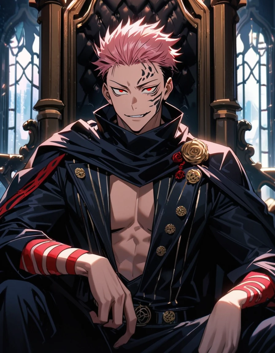 4k, very detailed, hd, Ryomen Sukuna, pink hair, red eyes, black cape, bare chest, window, throne, black marks on his face, black prince cool clothes, handsome, 1 man only, sunlight, Jujutsu Kaisen, red curtains, a cut on his chest,