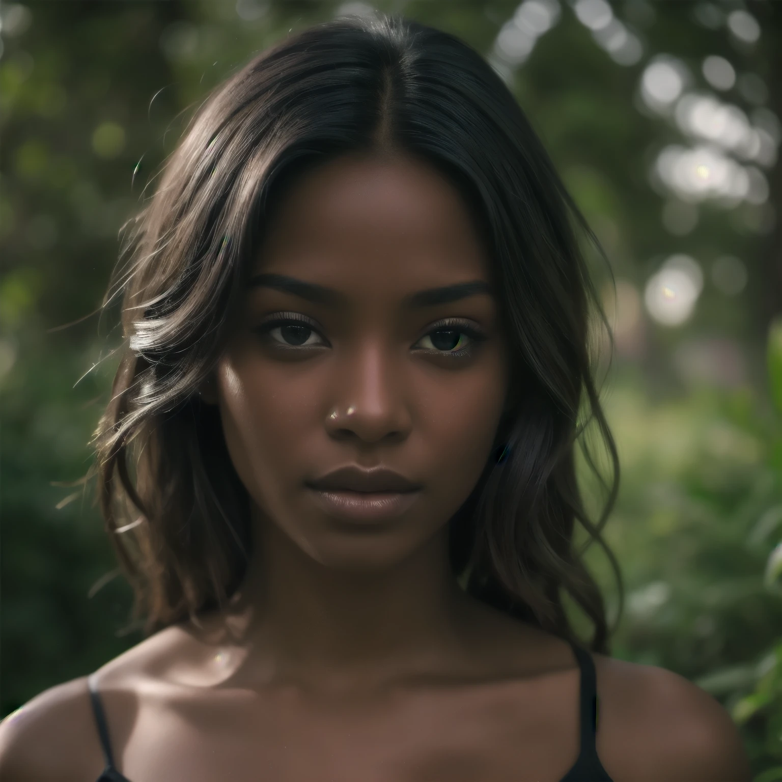 Best picture quality, masterpiece level, ultra-detailed, perfect face, beautiful black woman is looking at camera, close up, HDR, portrait, elegant pose, captivating eyes, long hair, full lips, film grain, photographed with a Sony a9 II Mirrorless Camera, analog style, extremely detailed face, bust shot, perfect lighting