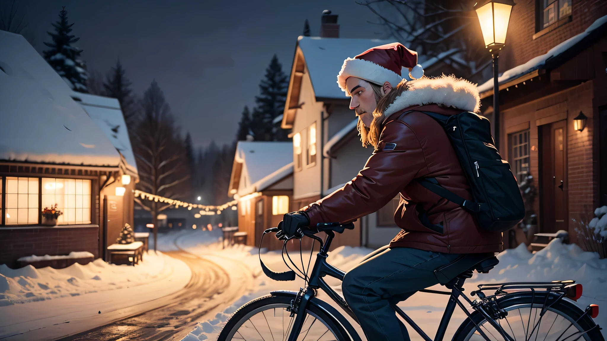 a christmas season scene,There is a Christmas tree,Very lively,Every house has lights on,A man is riding a bicycle,Braving the biting cold wind,rush home,Getting ready to reunite with my family,He was still some distance away from home at this time