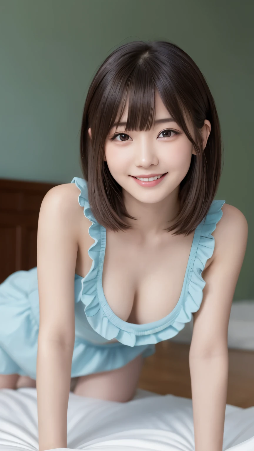bright表情、photorealistic stick:1.32、highest quality、超A high resolution、Photos of the most beautiful Japan girls、cute and beautiful face details、small face、(Pueros face_V1:0.008)、美しいbangs、、Brilliant white skin、hair gets tangled in face、顔まで伸びるbangs、bangs、hair between eyes、charming brown silky hair、bright、Clear light blue eyes shine charmingly、dynamic pose、highest quality、disorganized、((the cutest girl in the world))、Japanese、on the bed、((dress with frills:1.3))、(half side up hair:1.3)、(tie with a thin ribbon)、nice and cute、innocent smile、nice smile、Bumpy chest、(small breasts:1.3)、(Crawl on all fours and look up:1.3)、ponytail、brown hair、thin waist、detailed beautiful eyes、view audience、Upper body、close up of face、Front view、