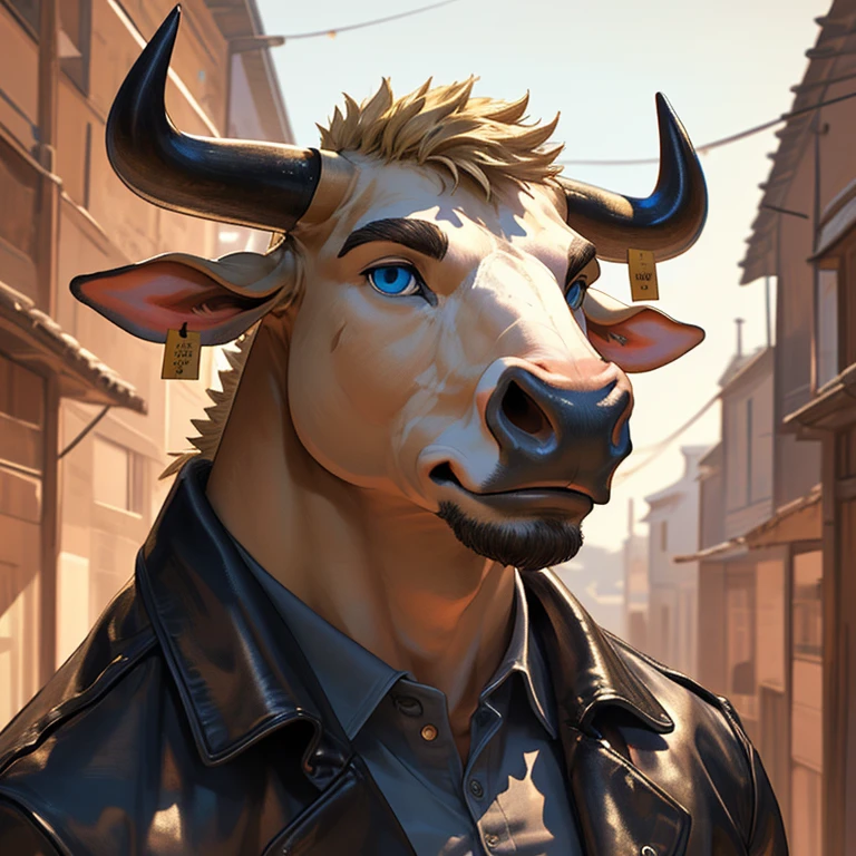 Headshot, handsome male, cow, two pointy horns, gold nose ring, cattle ear tag, heavy muscular build, light brown short messy fringe, ((best quality)), ((masterpiece)), (detailed), perfect face, blonde fur, blue eyes, good eyes, leather jacket, mischievous, semi realistic, warm lighting, sky background