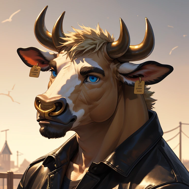 Headshot, handsome male, cow, two pointy horns, gold nose ring, cattle ear tag, heavy muscular build, light brown short messy fringe, ((best quality)), ((masterpiece)), (detailed), perfect face, blonde fur, blue eyes, good eyes, leather jacket, mischievous, semi realistic, warm lighting, sky background