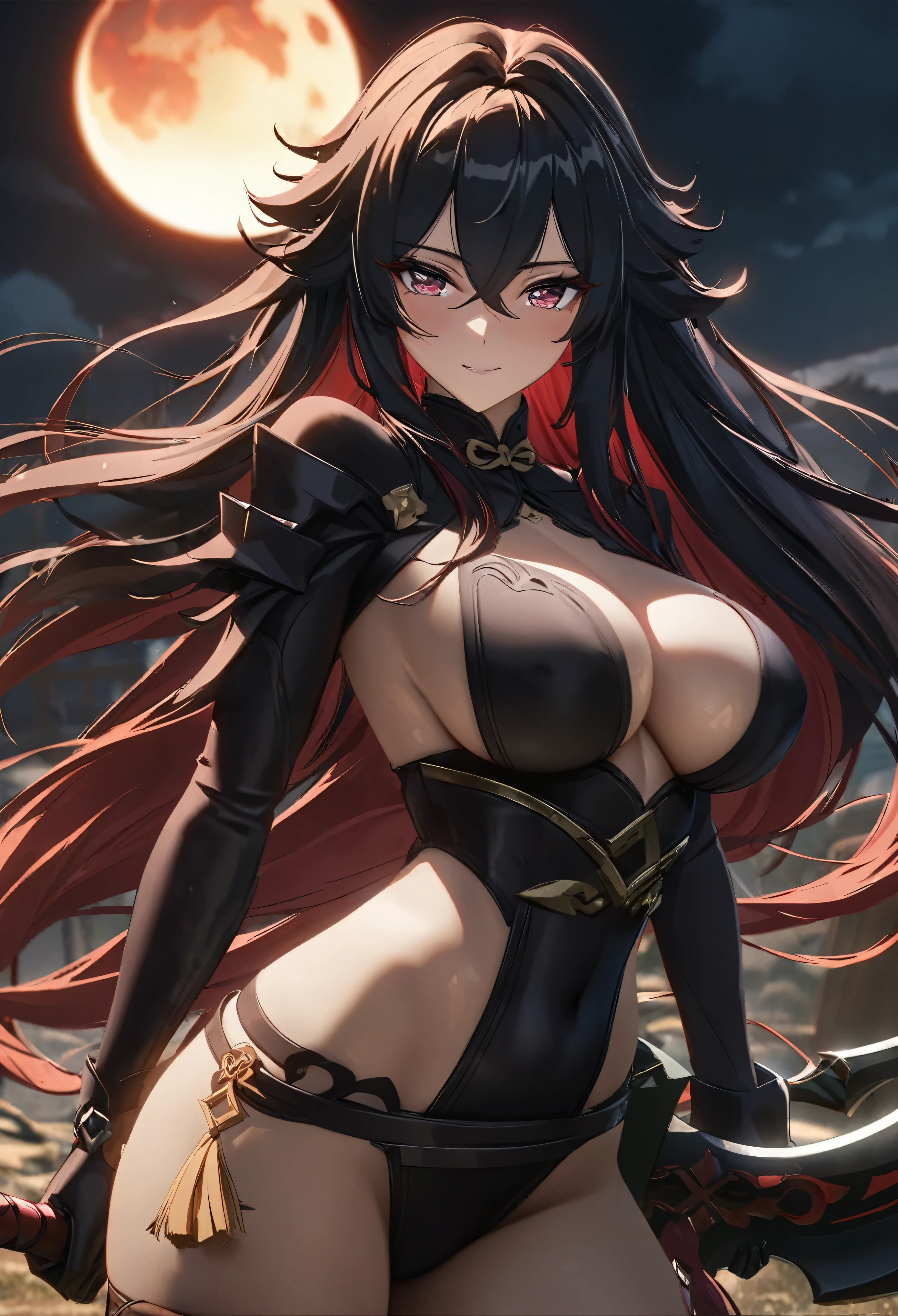 ((solo)), (woman), light tanned skin, cherry red eyes, raven black hair, very long messy hair, vibrant red colored inner hair, (sculpted body), medium-big breasts, thick, mature body, a close up of a person with a scythe in a desolate land detailed key anime art, acheron, casimir art, masamune shiro, masamune, beautiful woman in demon slayer art, genshin, heise jinyao, shadowverse style, (no logos), eclipse, black powers, twilight scenery, detailed clothes, eye reflection, depth of field, cinematic lighting, ray tracing, depth of field, cinematic lighting, ray tracing, UHD, high details, best quality, highres, high quality, award winning, super detail, masterpiece, 8k, UHD, high details, best quality, highres, high quality, award winning, super detail, masterpiece, 8k, digital art, anime coloring