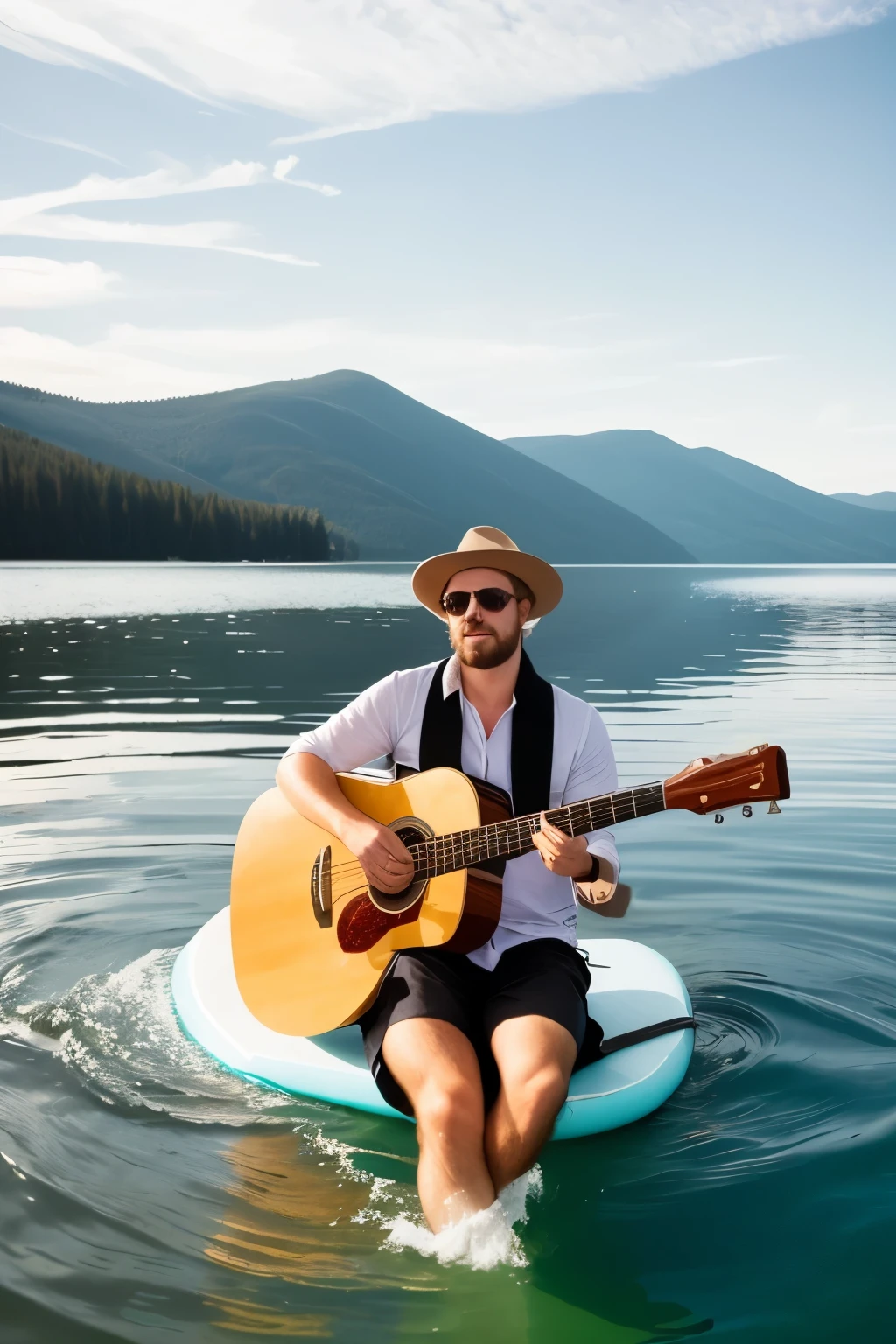 detailed legs, man sitting on a surfboard playing a guitar, on a lake, singer songwriter, singer - songwriter, man playing guitar, a human bard, shutterstock, on the calm lake, detailed portrait shot, in the middle of a lake, portrait shot, on a boat on a lake, playing the guitar, musician, professional unique master piece