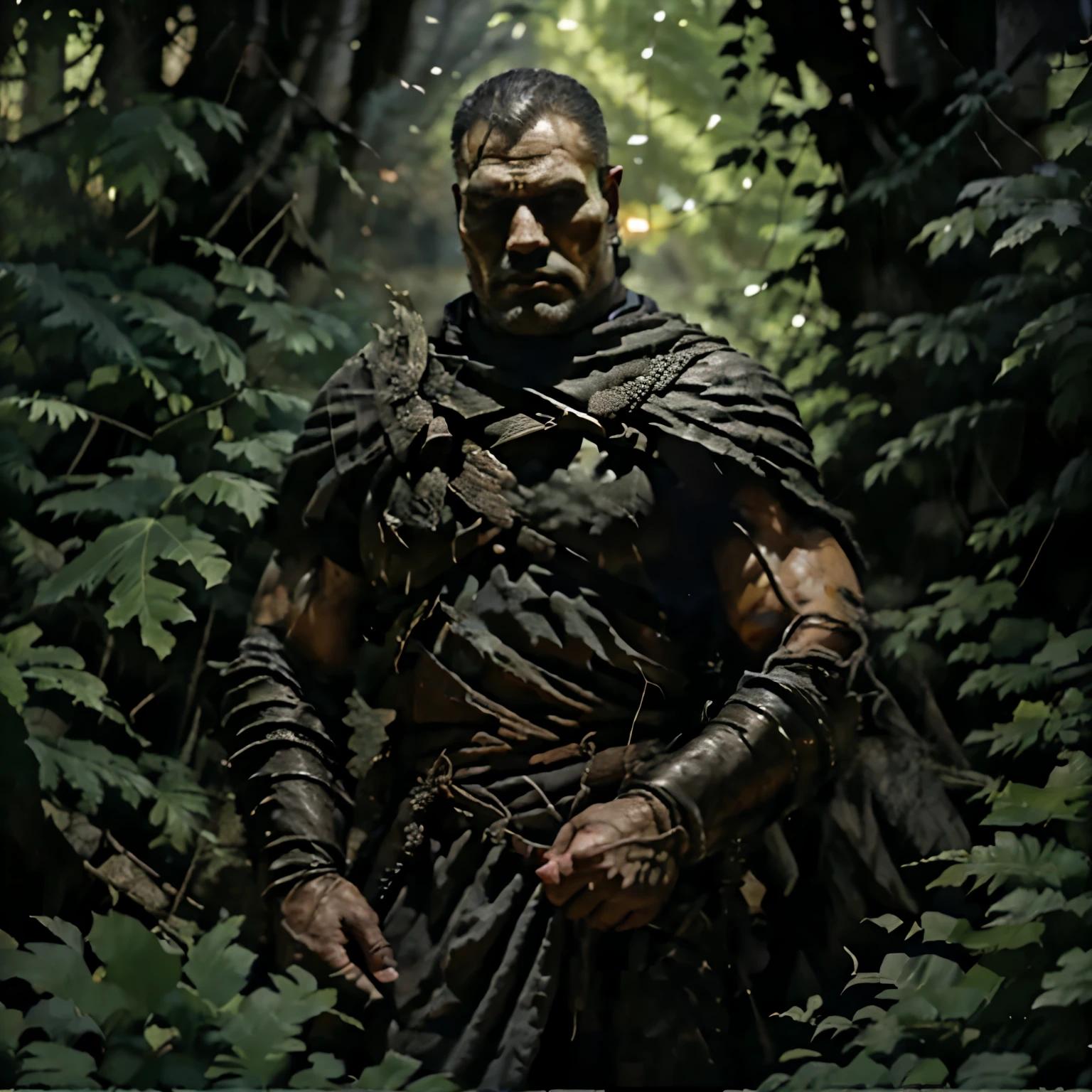 a half-orc, half-human being with gray skin and a piercing gaze, he wears a loincloth, barefoot, stocky in each hand he carries an exclusive axe, he is 7 feet tall and wears a net around his waist with skulls, knives and gadgets, he has a He has a scar on his face and his body, he looks very cunning, not at all friendly, he lives in a very thick and lush forest, his aura is one of aggressive and nocturnal death.