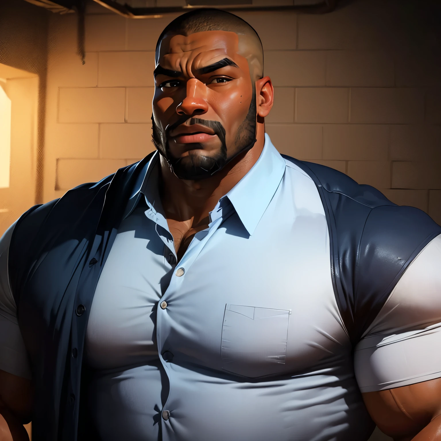 an exaggeratedly muscular and large bodyguard, beefy build, beard, dark-skinned african american male, surprised expression, buzzcut hair with square line, (wearing navy collared shirt 1.2), (bara pecs: 1.3), (arm and chest hair: 1.1), close-up portrait HD, (grungy wet underground sewers)